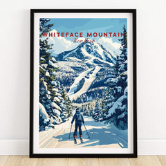 Whiteface Mountain Ski Poster | New York Winter Wall Art featuring a skier on a snow-covered trail in the Adirondacks.