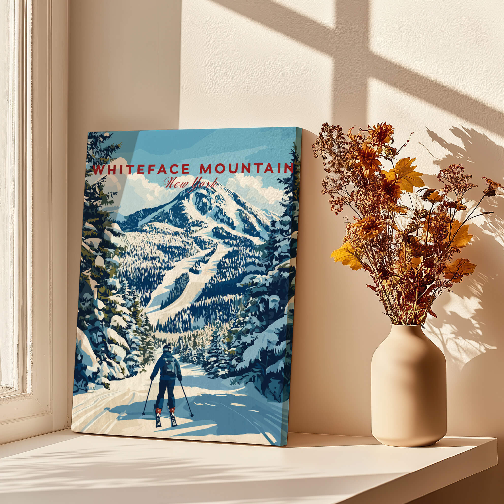 Whiteface Mountain Ski Poster | New York Winter Wall Art showcased in sunlit room with flowers.