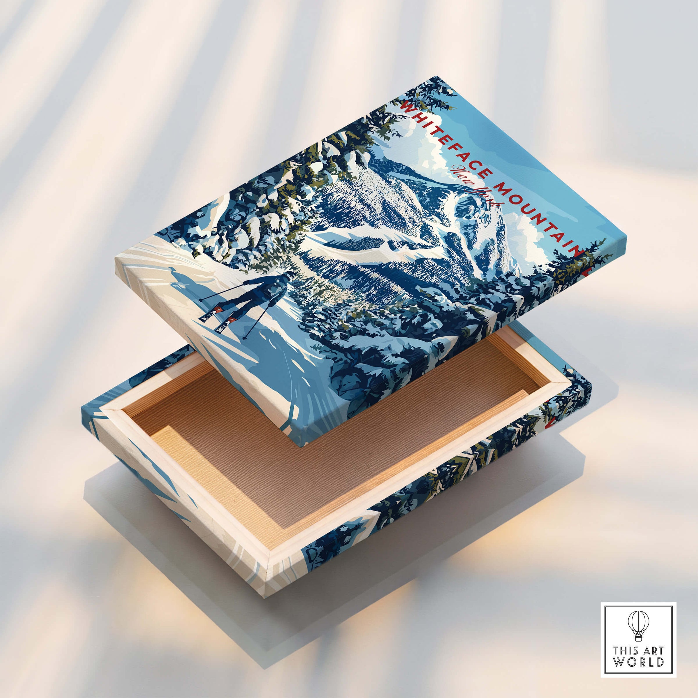 Whiteface Mountain Ski Poster | New York Winter Wall Art showing a ski-themed box design with snowy landscape.