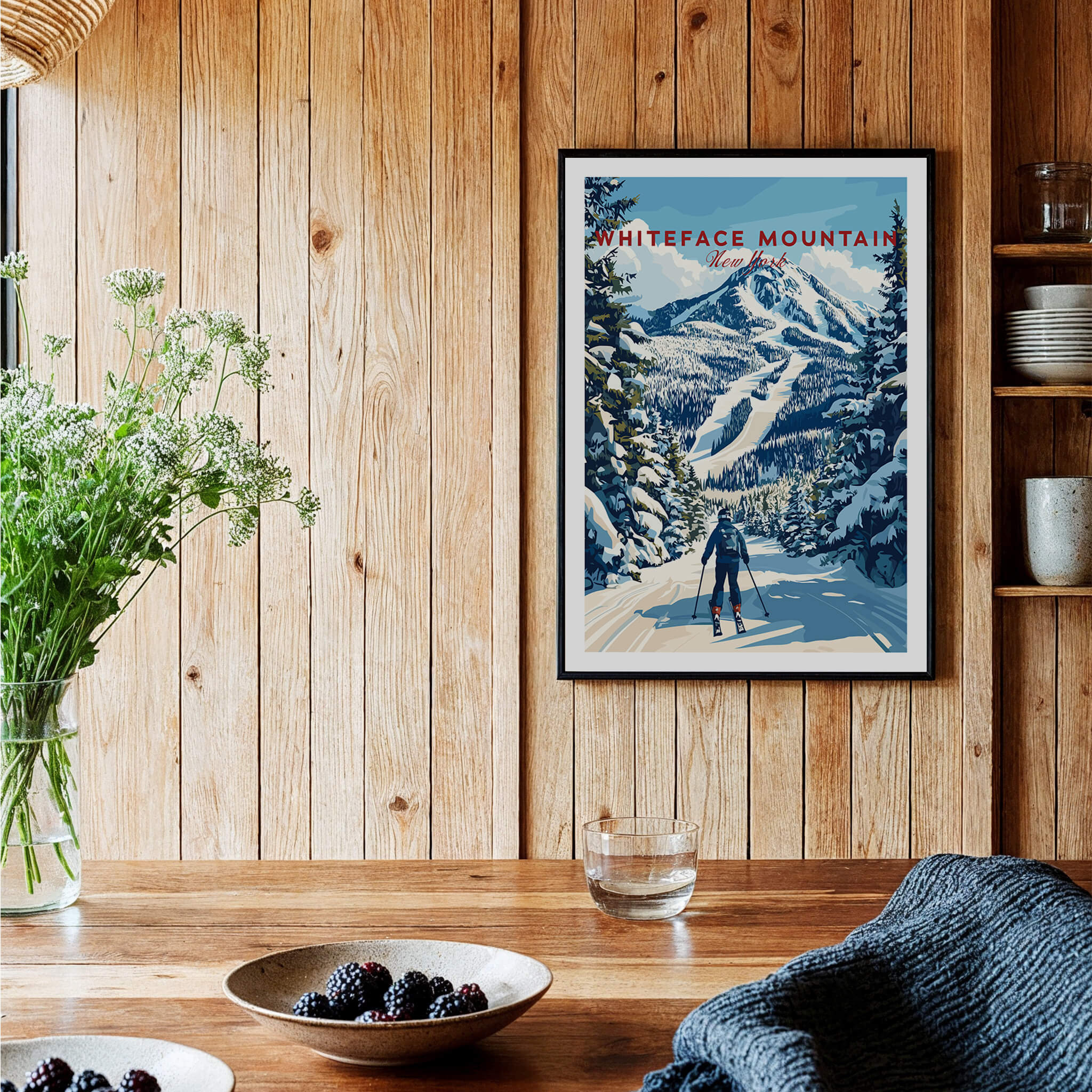 Whiteface Mountain Ski Poster | New York Winter Wall Art featuring a skier in a snowy landscape.