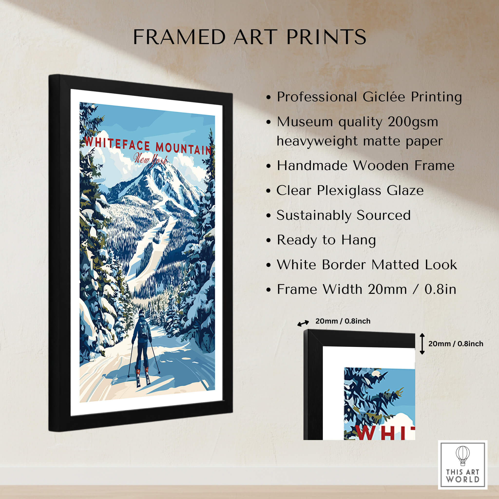 Whiteface Mountain Ski Poster | New York Winter Wall Art featuring a framed print of a skier in the Adirondack mountains.