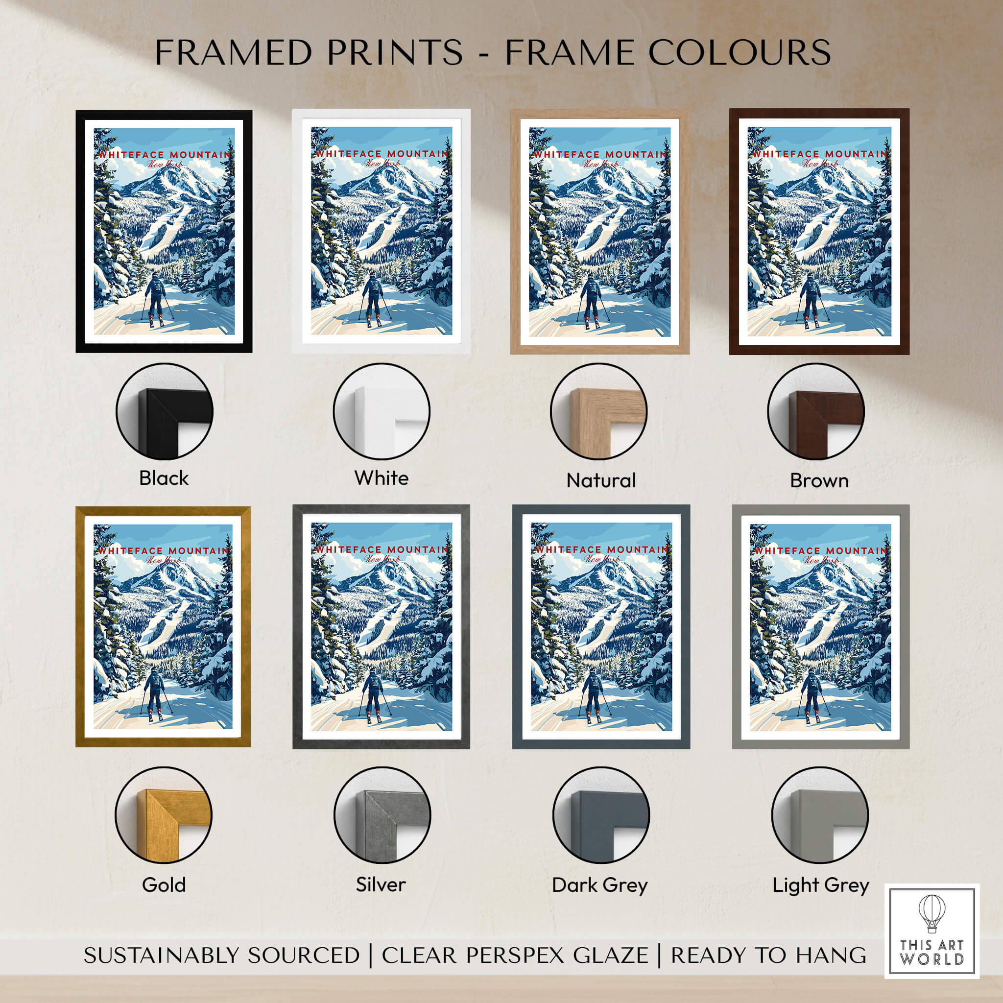 Whiteface Mountain Ski Poster | New York Winter Wall Art framed prints in various frame colors.