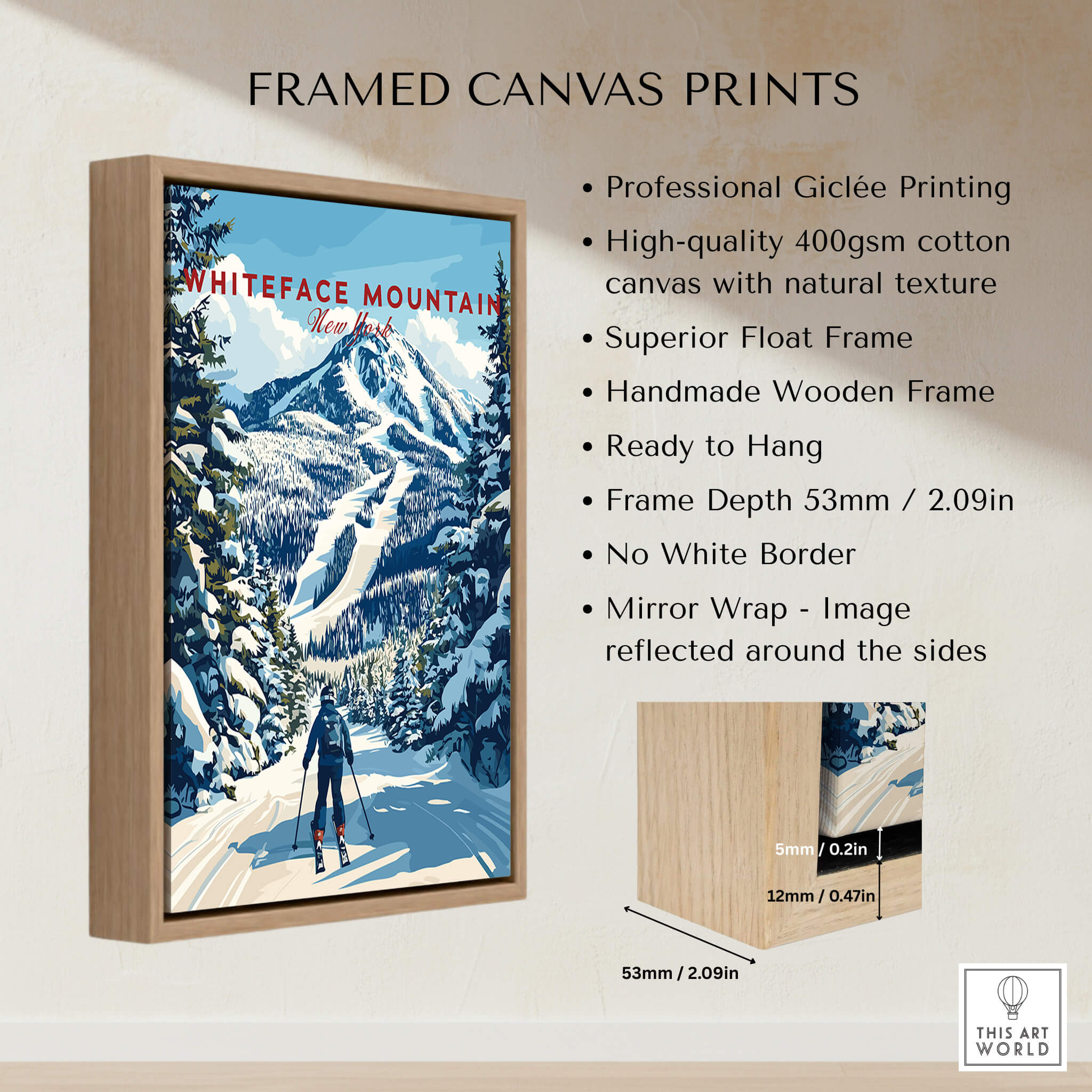 Whiteface Mountain Ski Poster | New York Winter Wall Art displayed in a framed canvas print showcasing a skier.