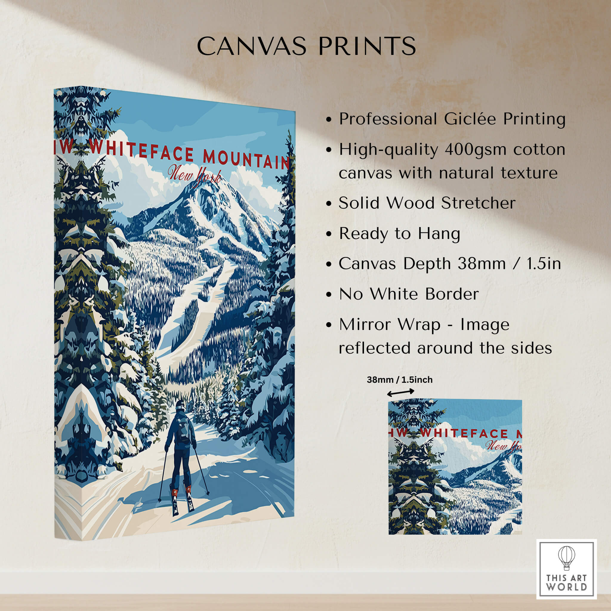 Whiteface Mountain Ski Poster | New York Winter Wall Art featuring a skier descending snowy peaks.