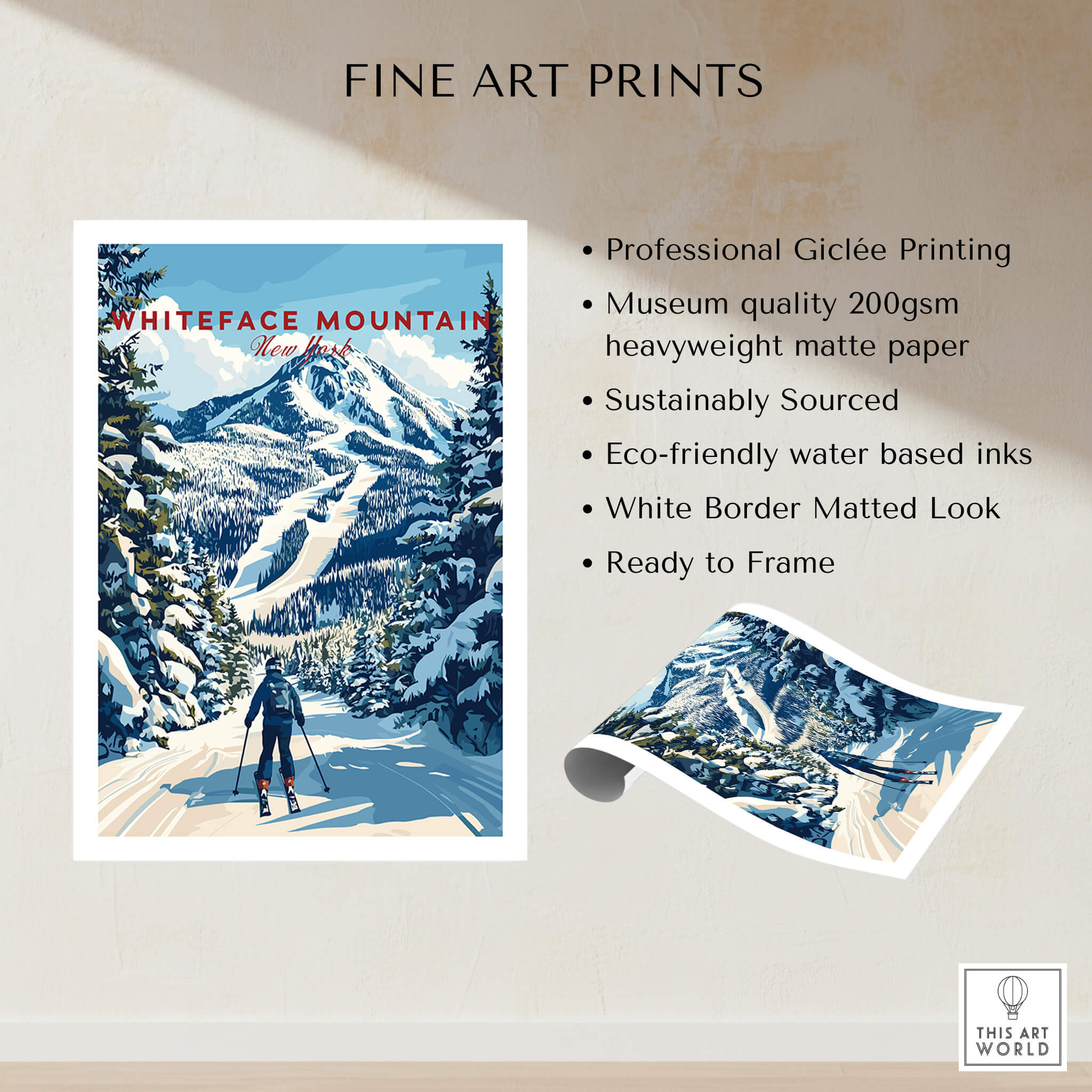 Whiteface Mountain Ski Poster | New York Winter Wall Art showcasing a skier on a snow-covered trail in the Adirondacks.