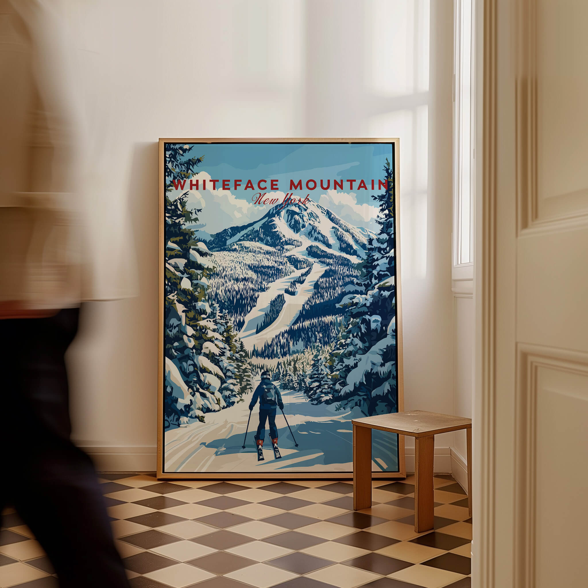 Whiteface Mountain Ski Poster | New York Winter Wall Art showcasing a skier in the Adirondacks with snow-covered scenery.
