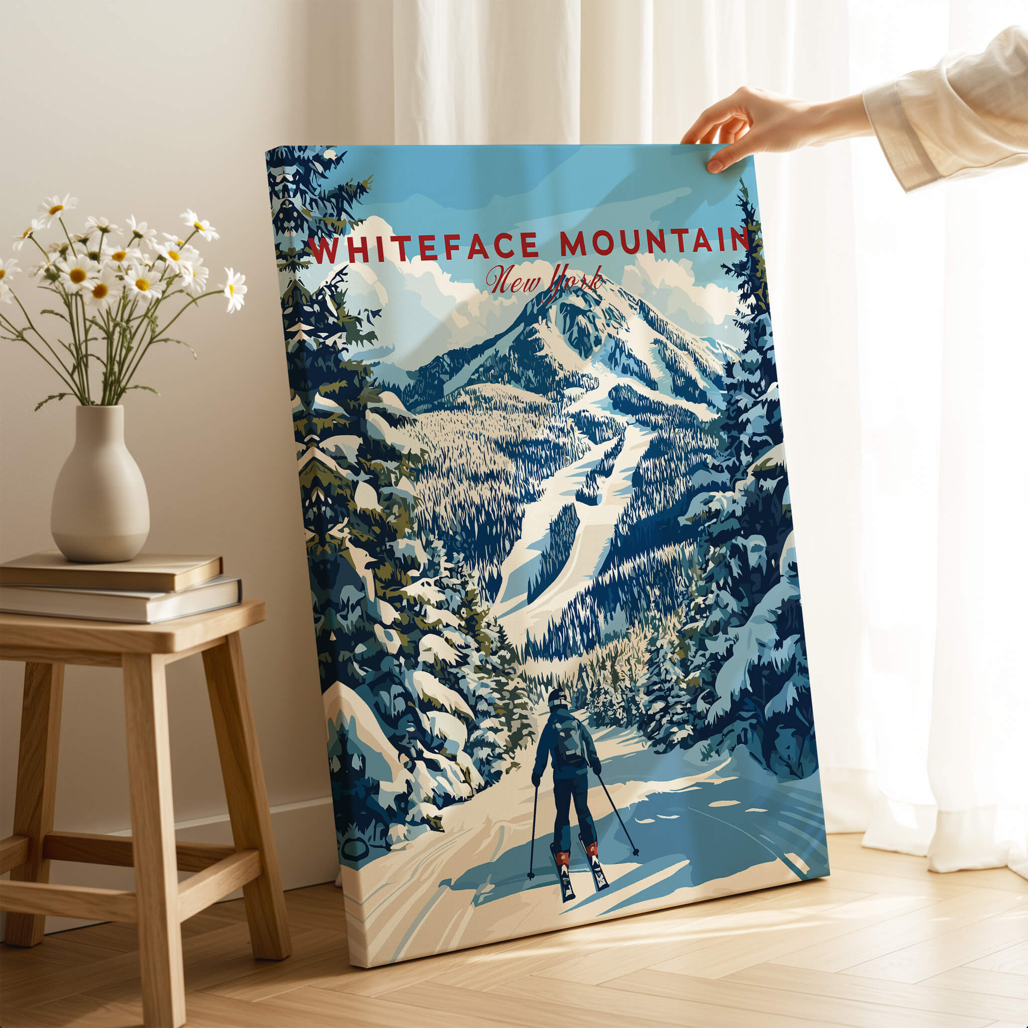 Whiteface Mountain Ski Poster | New York Winter Wall Art showcasing a skier on a beautiful snow-covered slope.