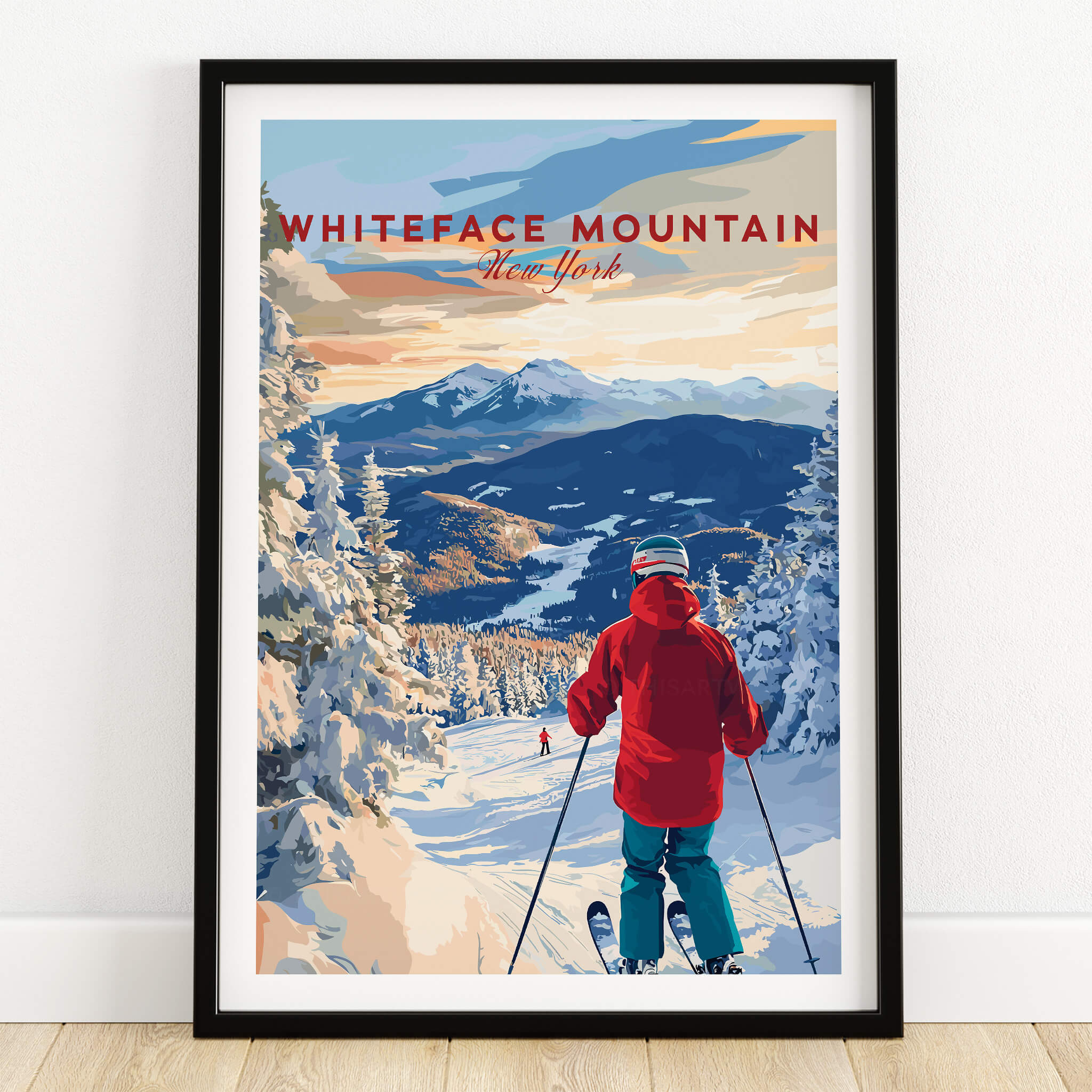 Whiteface Mountain Ski Print showcasing a skier on snowy slopes in New York, perfect for winter wall art.