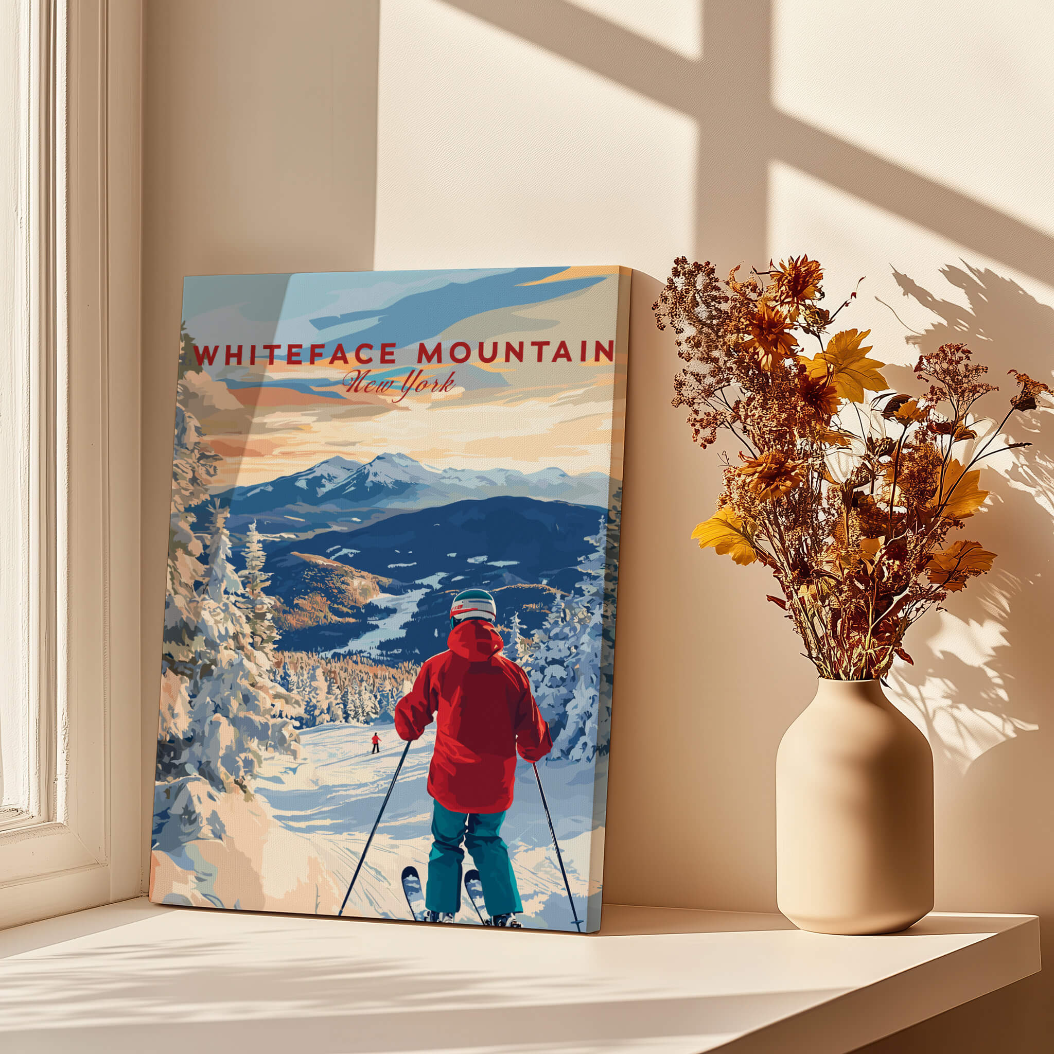 Whiteface Mountain Ski Print featuring a skier on fresh snow with mountains in background and a vase of flowers nearby.