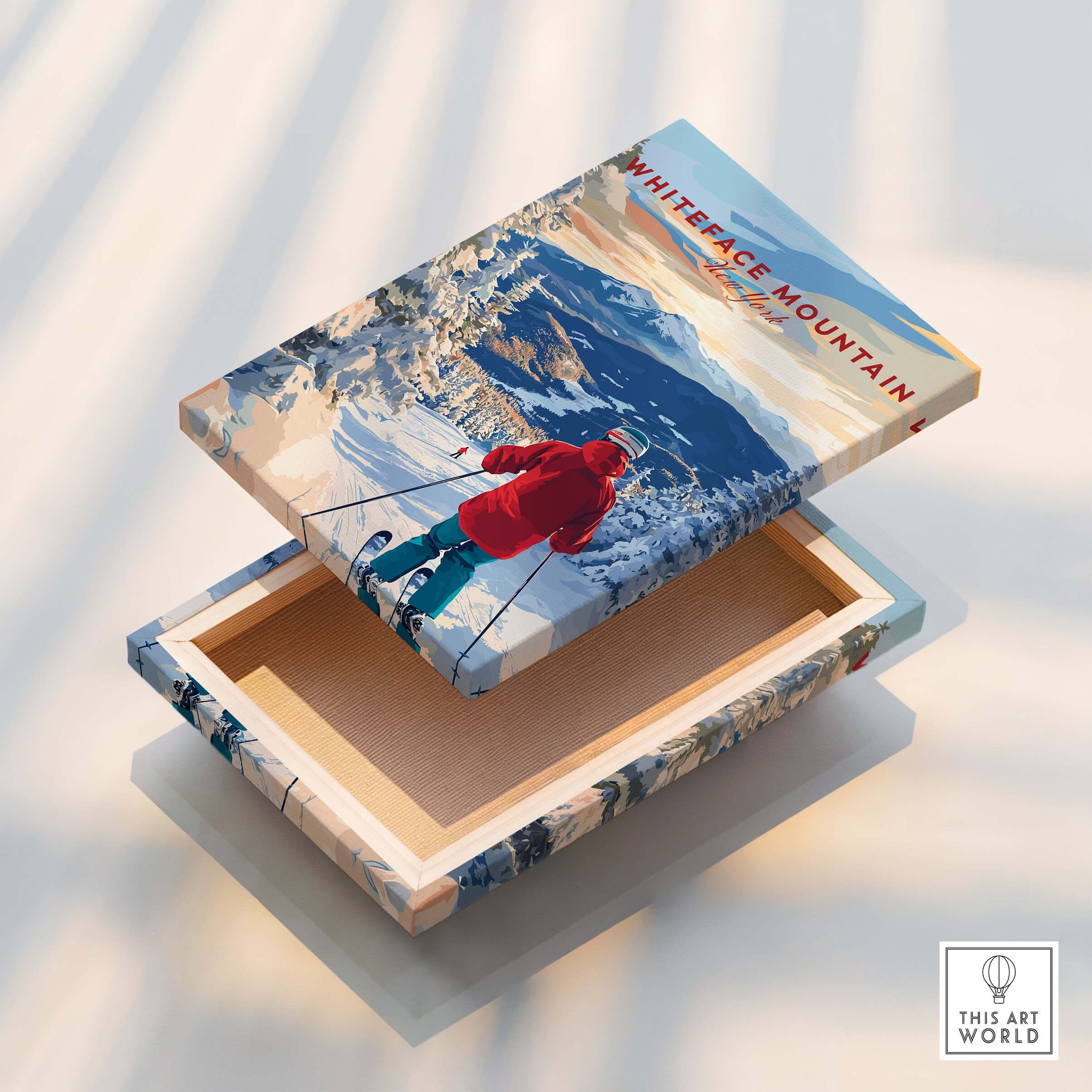 Whiteface Mountain Ski Print showcased on a decorative box with a skier design.