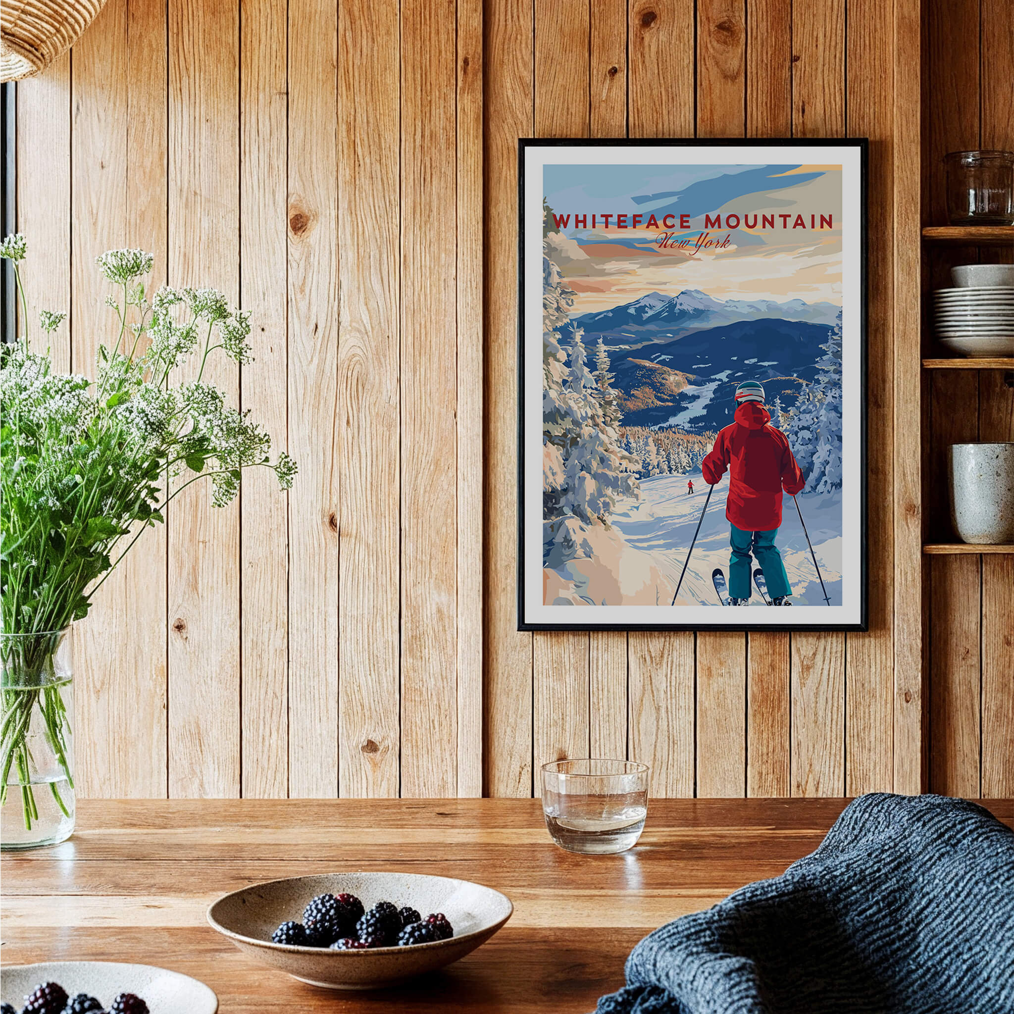 Whiteface Mountain Ski Print featuring a skier on a snowy slope in New York, perfect for winter wall art.