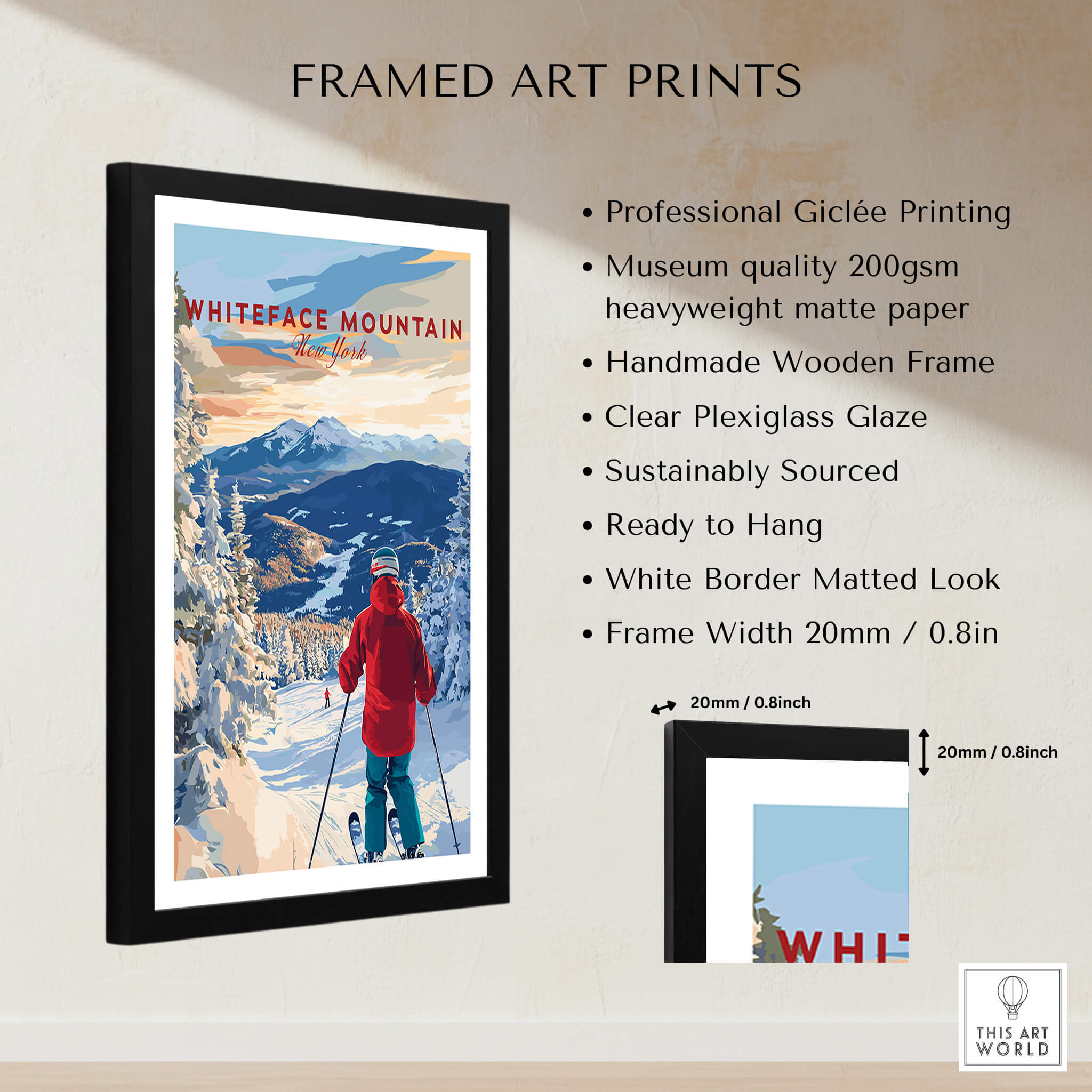 Framed Whiteface Mountain Ski Print showcasing professional giclée printing and vibrant winter scenery.