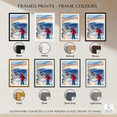 Various frame color options for Whiteface Mountain Ski Print, showcasing black, white, natural, brown, gold, silver, dark grey, and light grey.