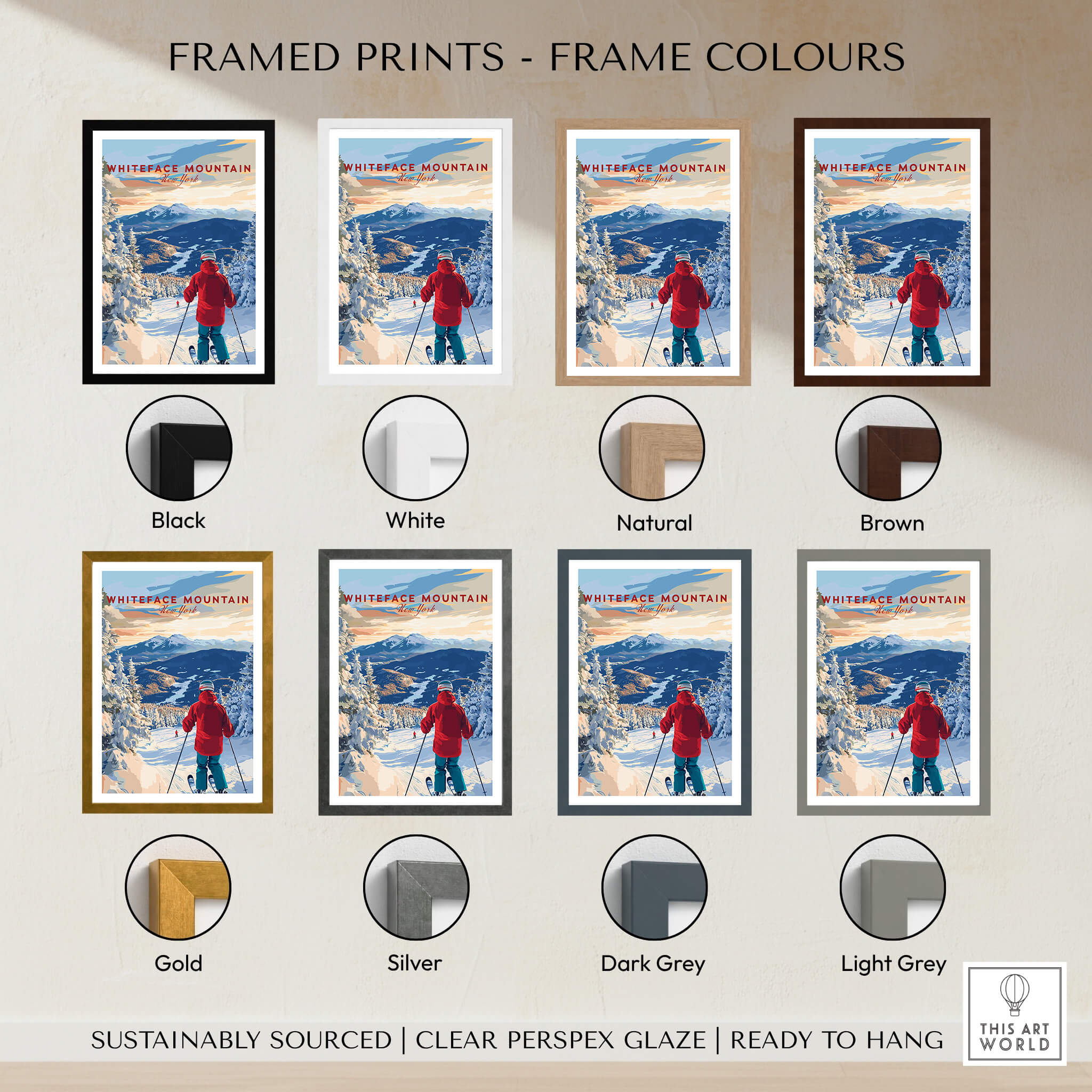 Various frame color options for Whiteface Mountain Ski Print, showcasing black, white, natural, brown, gold, silver, dark grey, and light grey.
