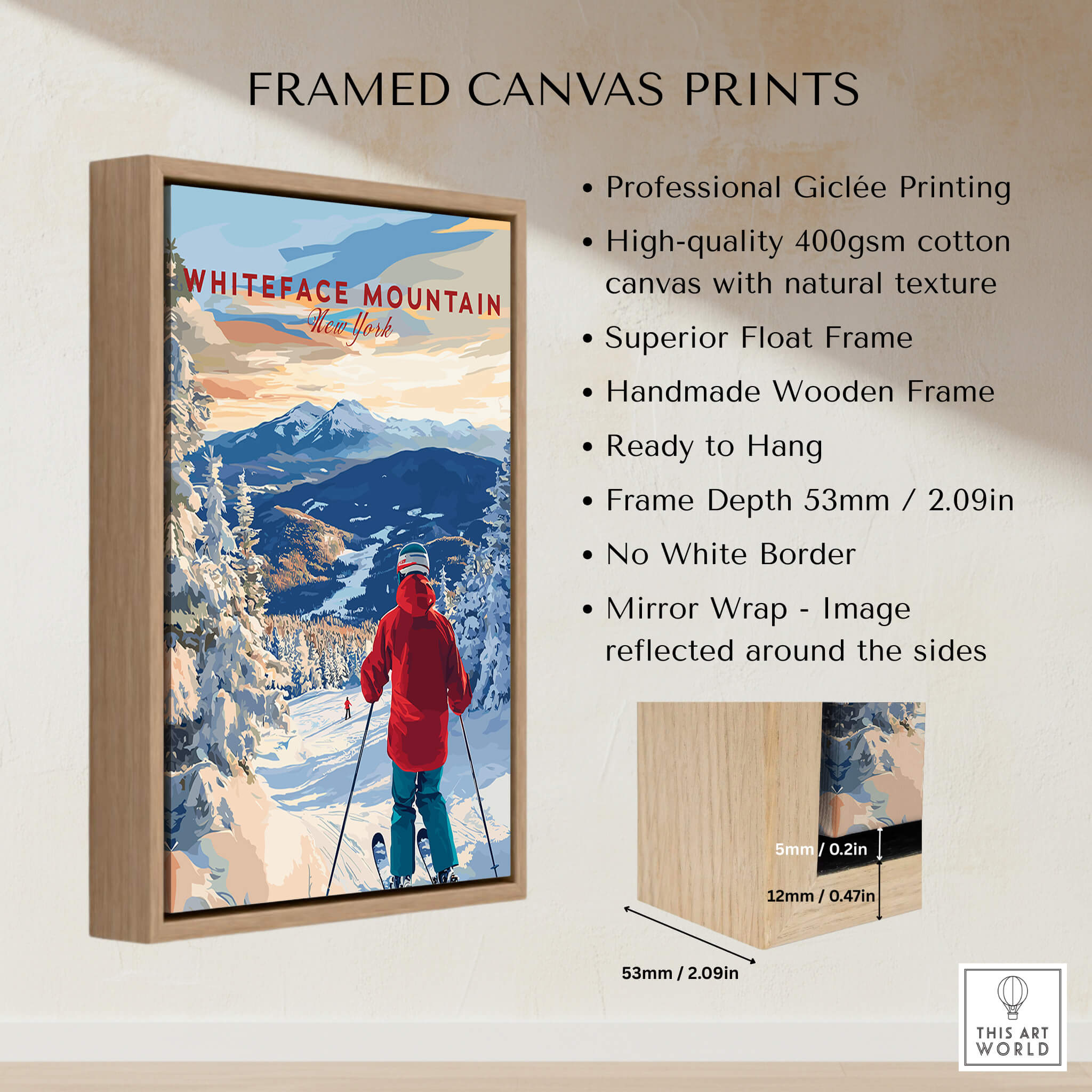 Whiteface Mountain Ski Print framed canvas art, showcasing snowy slopes and a skier, perfect for winter decor.