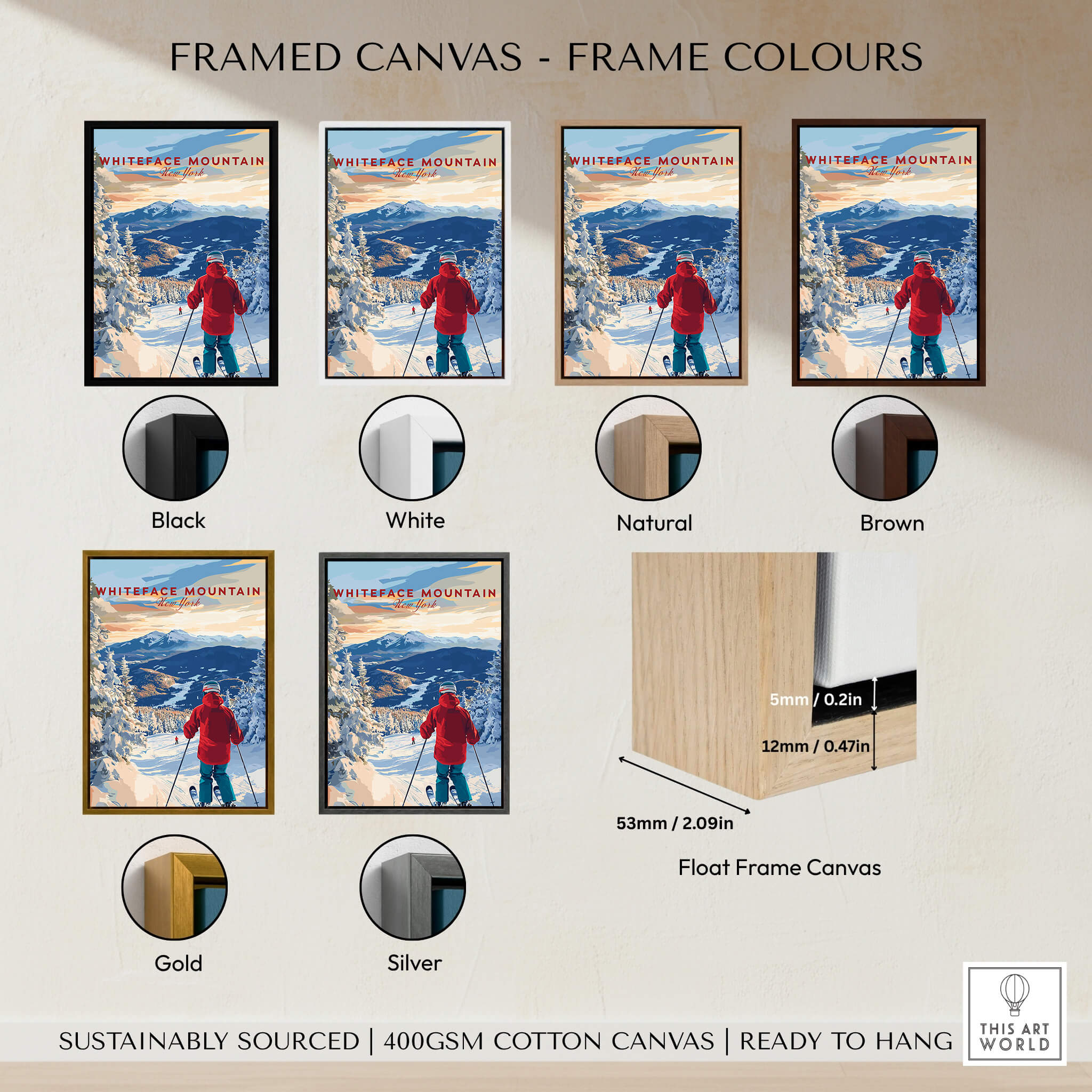 Whiteface Mountain Ski Print framed canvas options in various colors: black, white, natural, brown, gold, and silver.