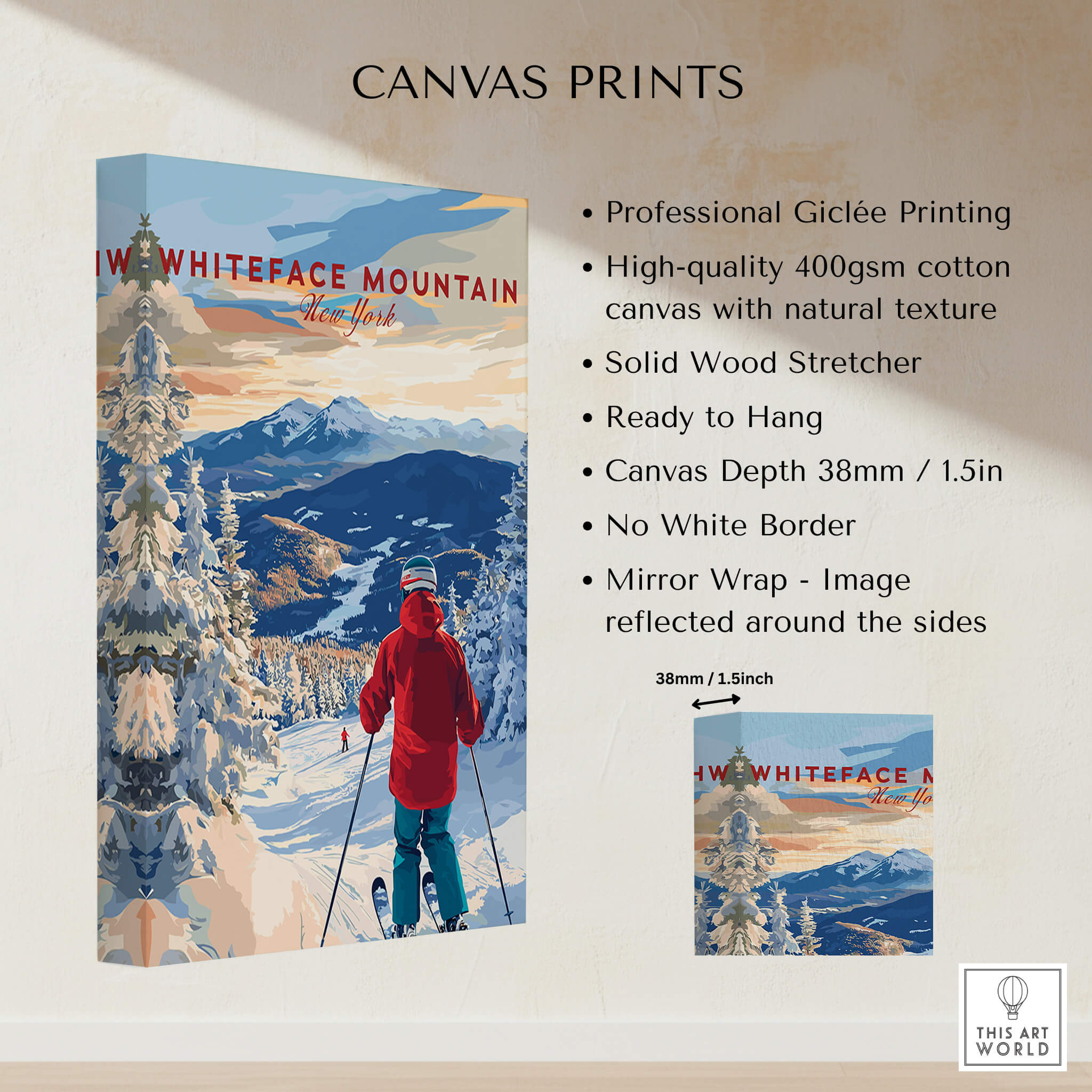 Whiteface Mountain Ski Print featuring a skier on a snowy slope, showcasing New York winter wall art.