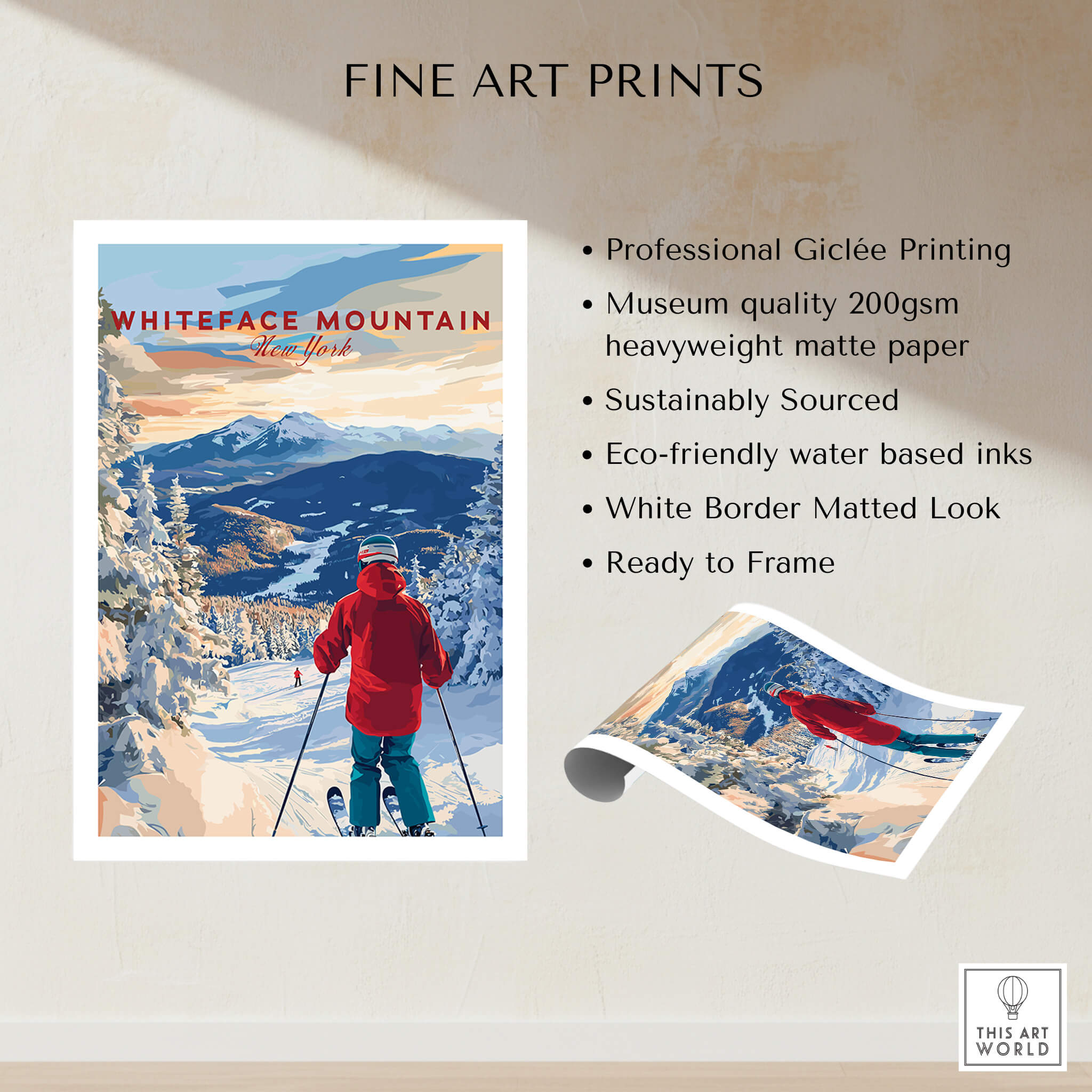 Whiteface Mountain Ski Print featuring professional Giclée printing on heavyweight paper, perfect for winter wall art.