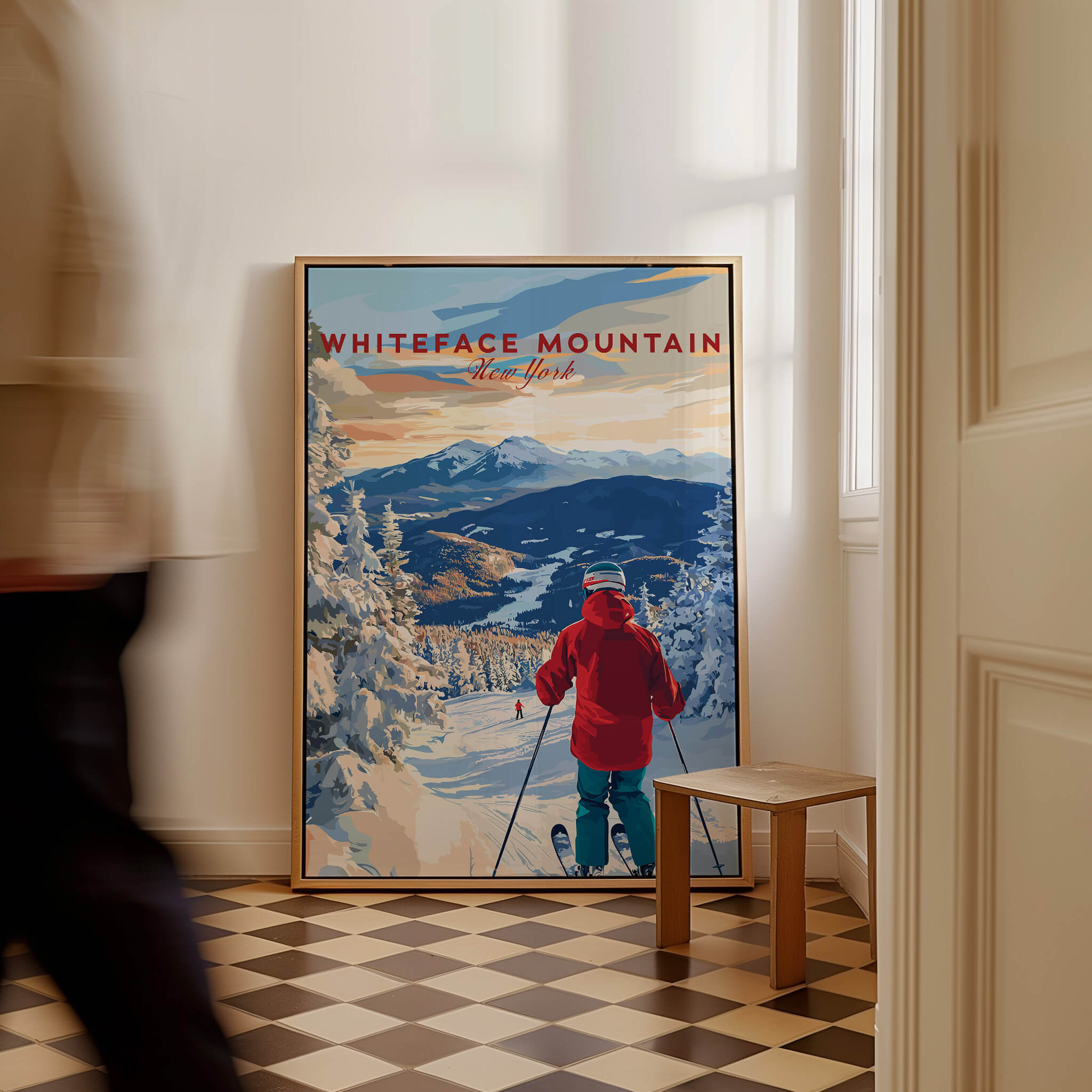 Whiteface Mountain Ski Print showcasing a skier in the snow, perfect winter wall art for home decor.