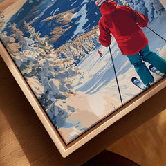 Whiteface Mountain Ski Print showcasing a skier in a red jacket on snowy slopes, capturing winter adventure vibes.