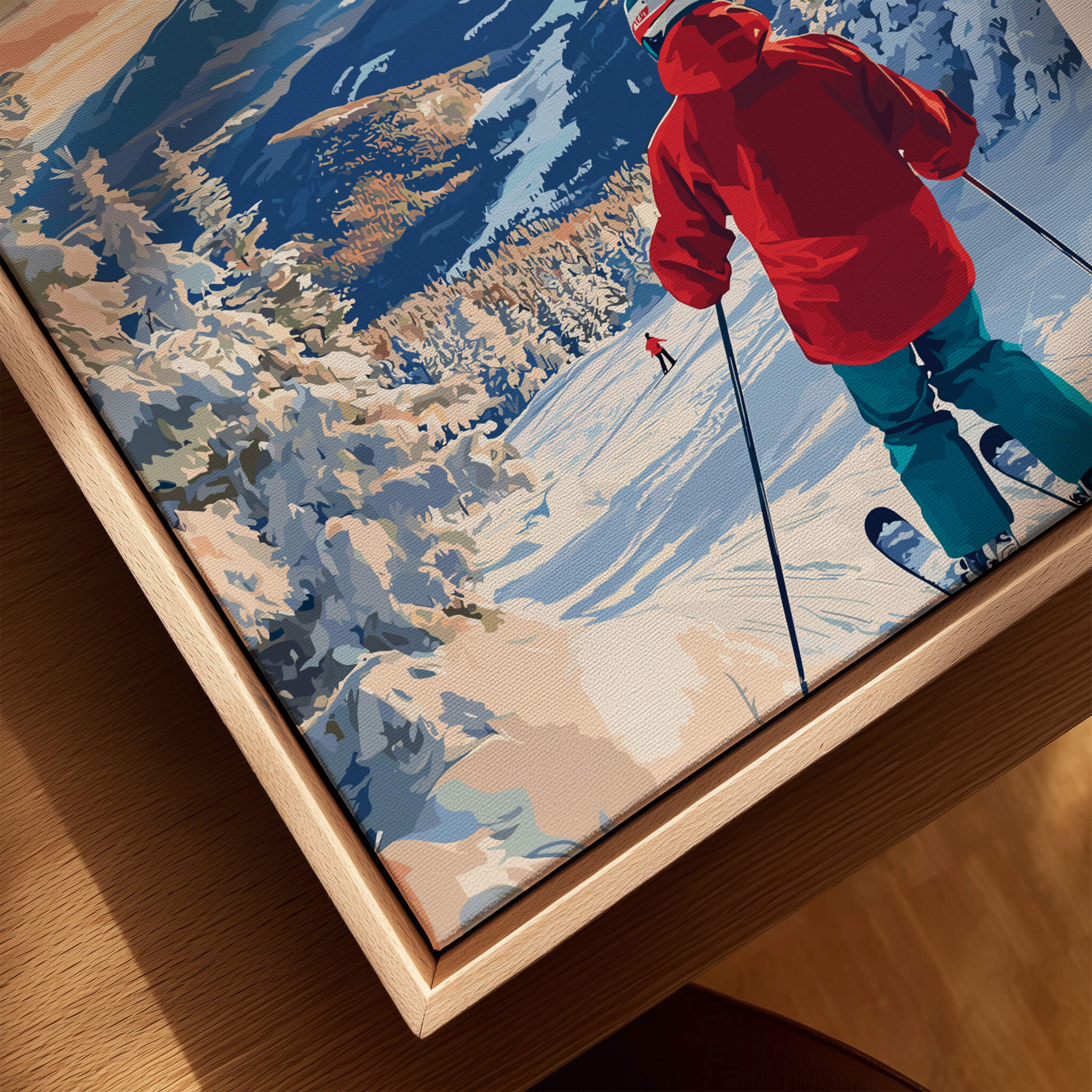 Whiteface Mountain Ski Print showcasing a skier in a red jacket on snowy slopes, capturing winter adventure vibes.
