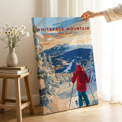 Whiteface Mountain Ski Print showcasing skier on snowy slopes with picturesque landscape in New York.