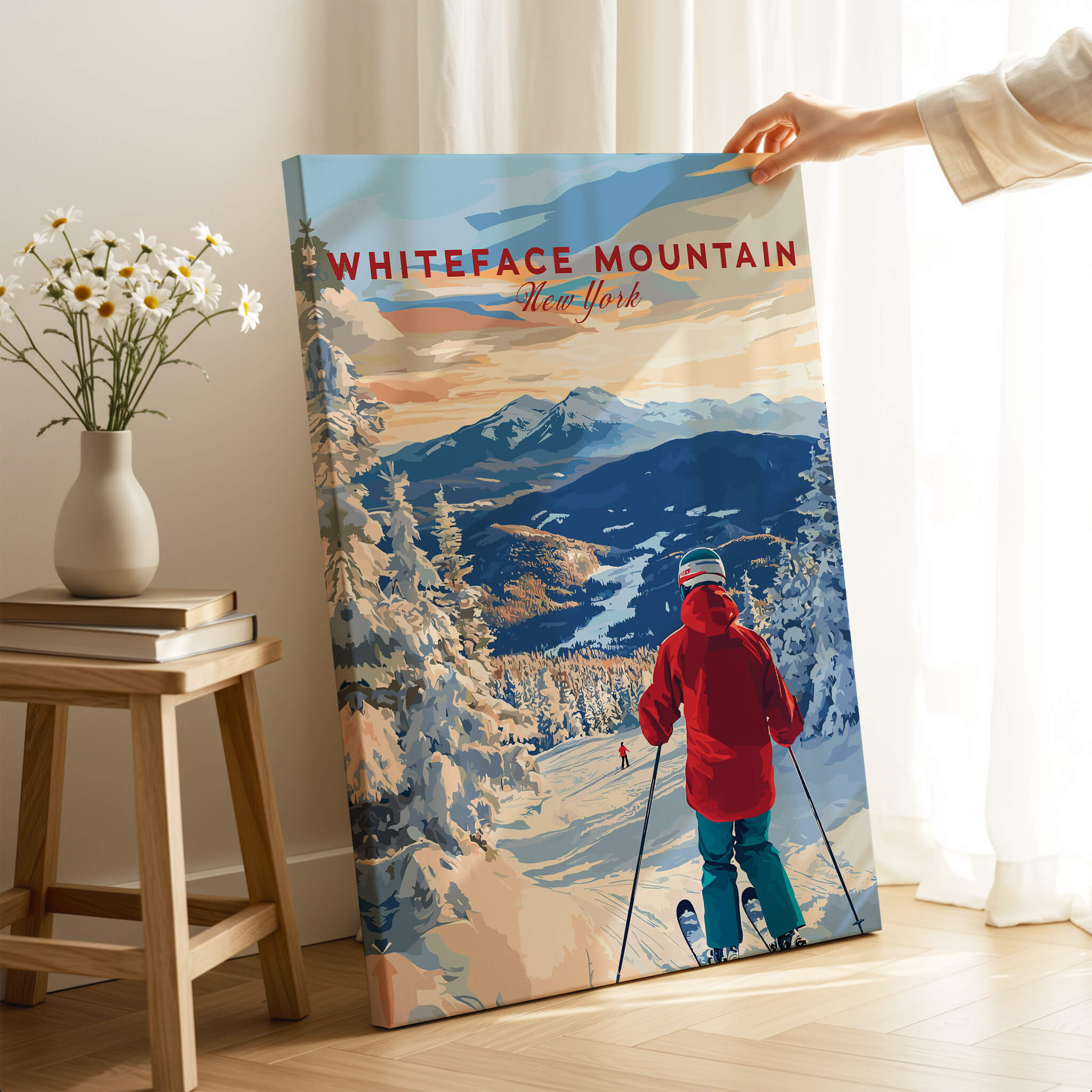 Whiteface Mountain Ski Print showcasing skier on snowy slopes with picturesque landscape in New York.