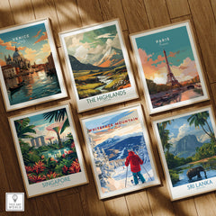 Collection of travel prints including Whiteface Mountain Ski Print and famous landmarks.