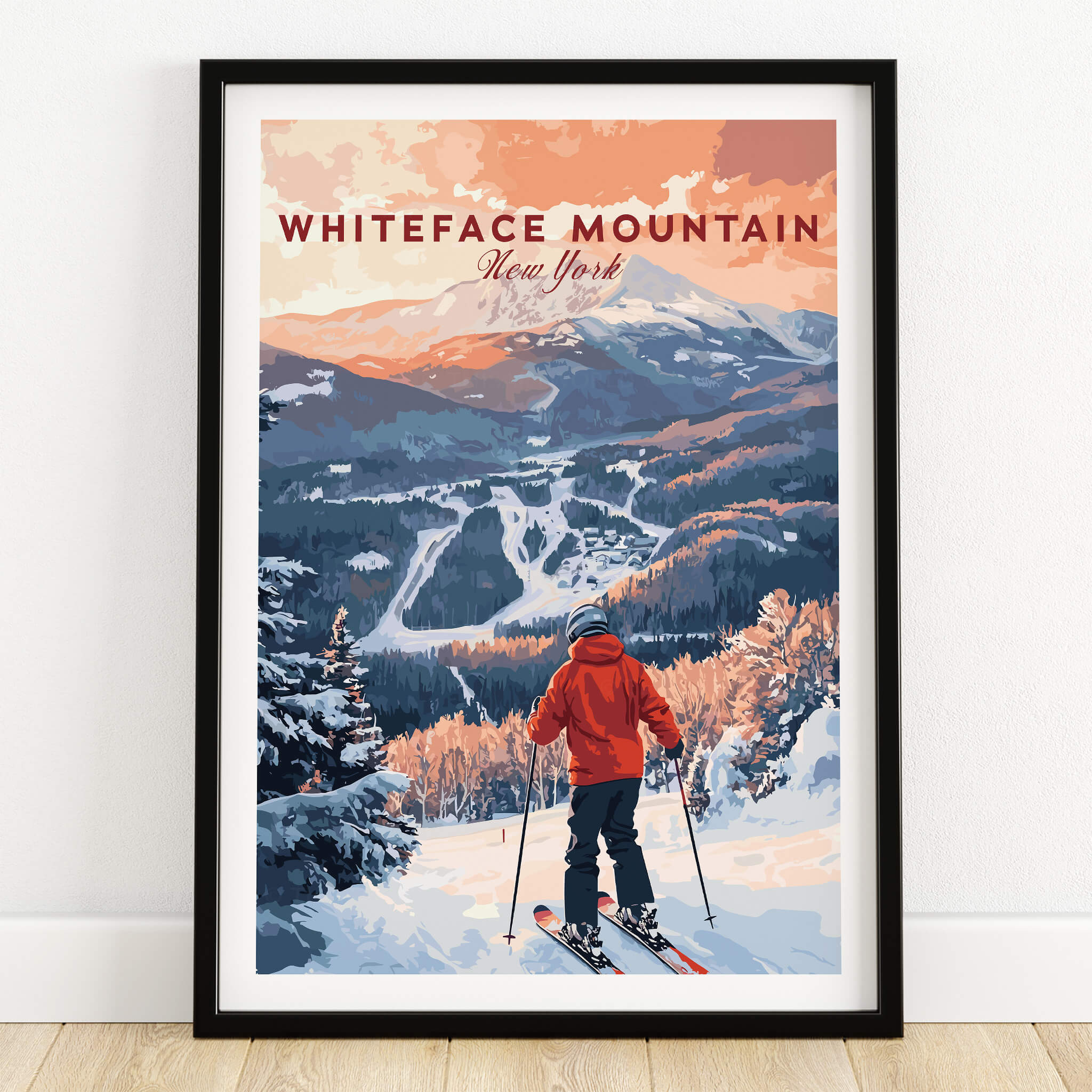 Ski Print Whiteface Mountain New York wall art featuring a skier on a snowy slope with mountain backdrop.