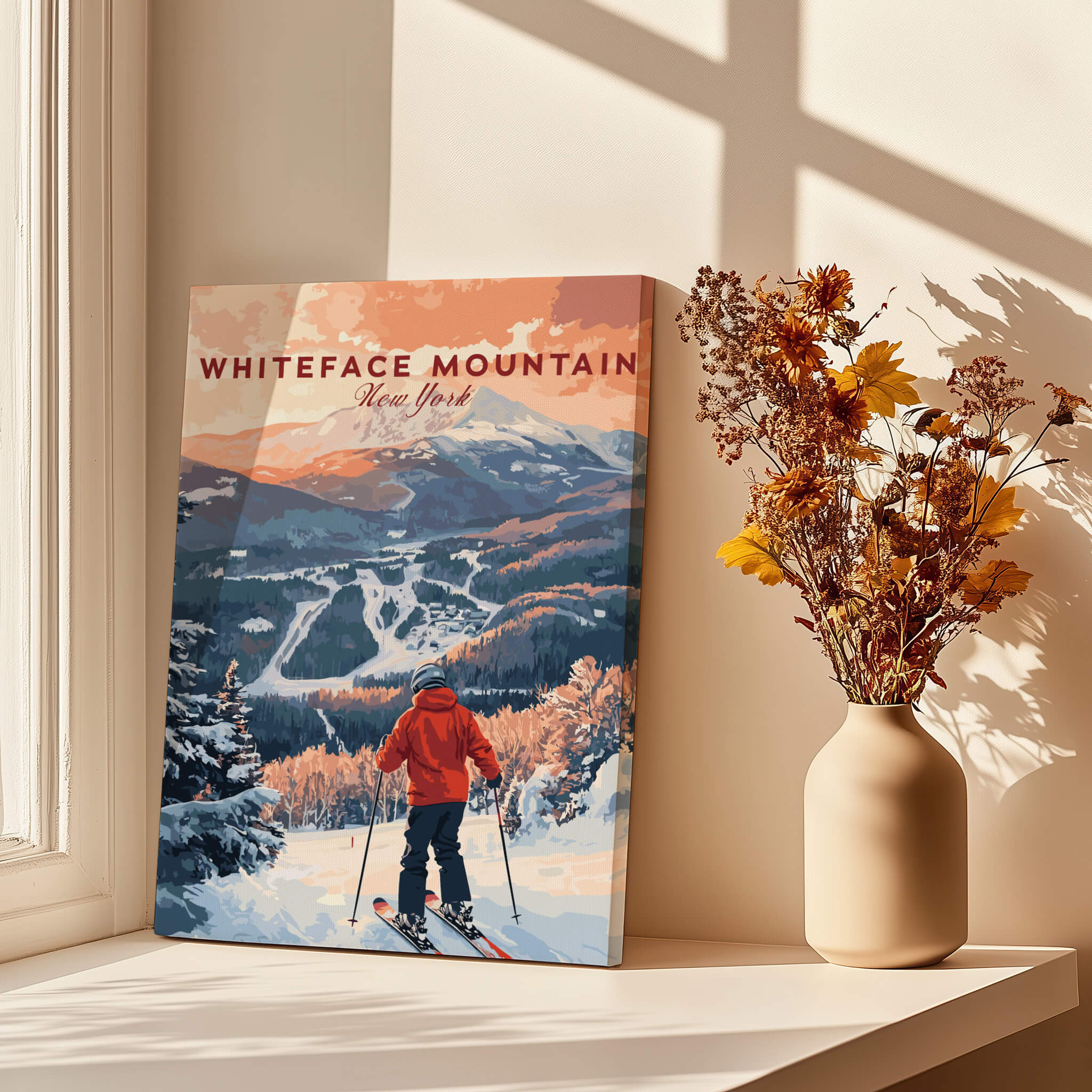 Ski Print Whiteface Mountain New York displayed in a sunny room with a vase of flowers.
