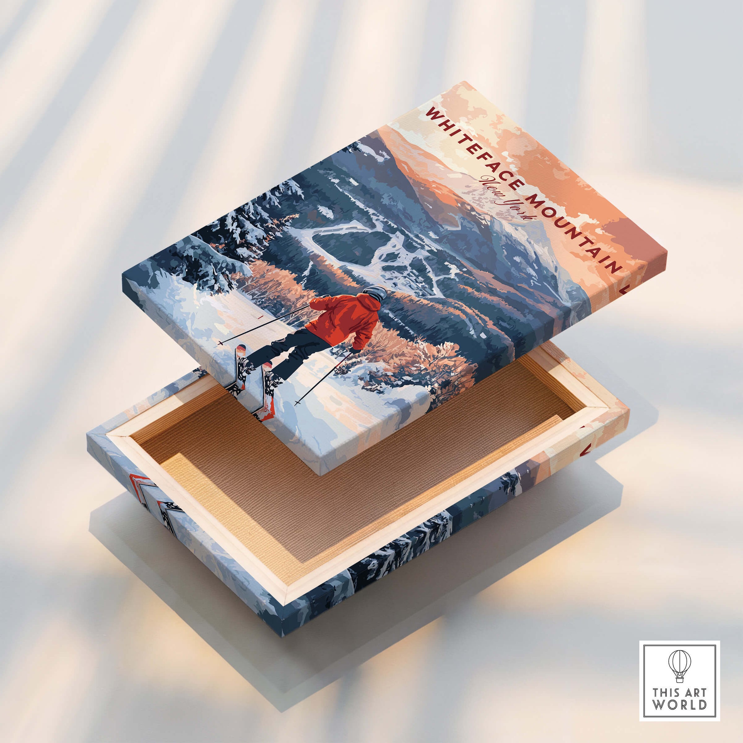 Ski Print Whiteface Mountain New York artistic wooden box with ski graphic design, showcasing winter scenery.
