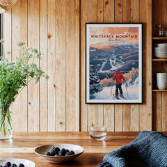 Ski Print Whiteface Mountain New York displayed in a rustic home setting, highlighting winter sports decor.