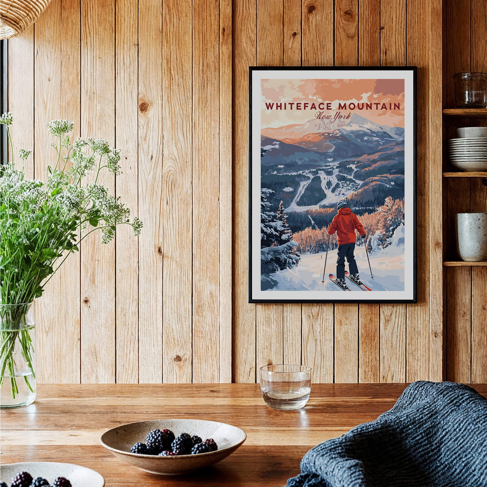 Ski Print Whiteface Mountain New York displayed in a rustic home setting, highlighting winter sports decor.