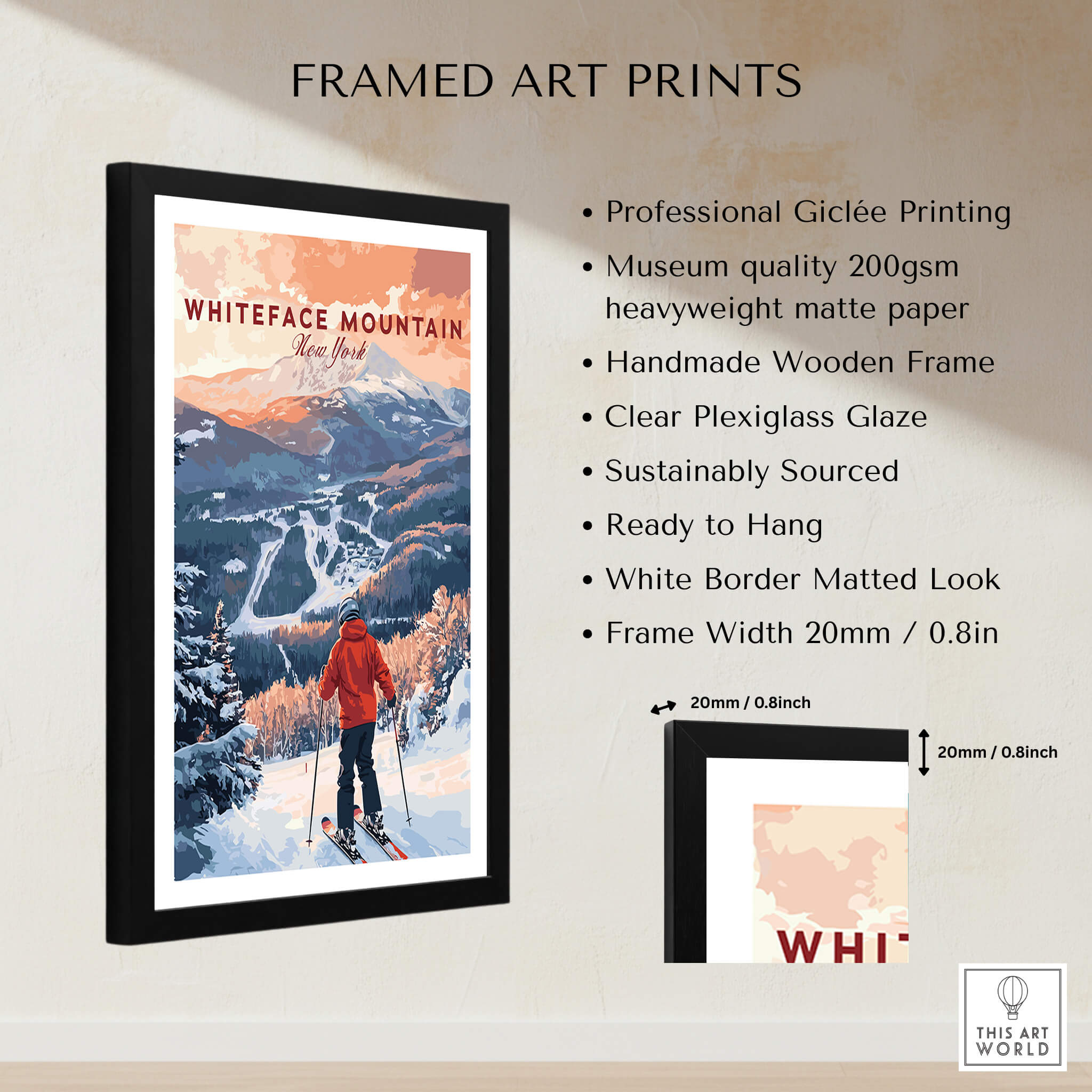 Ski Print Whiteface Mountain New York framed art print featuring stunning slopes and mountain views.