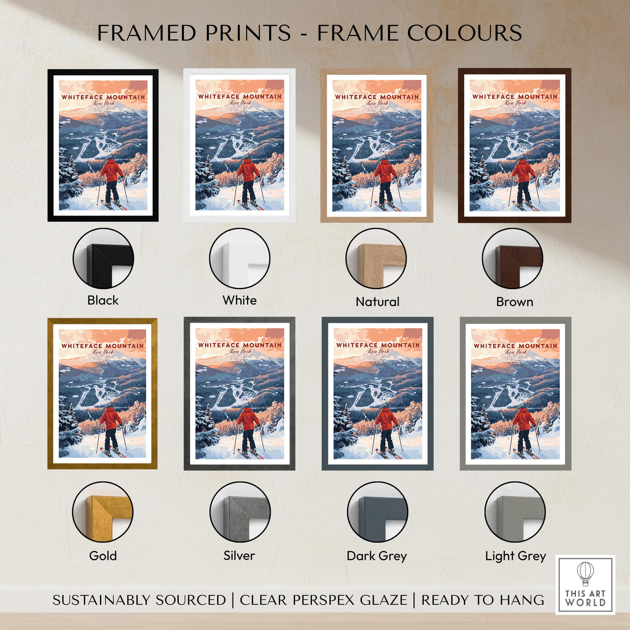 Ski Print Whiteface Mountain New York framed print options in various colors including black, white, natural, brown, gold, silver, and grey.