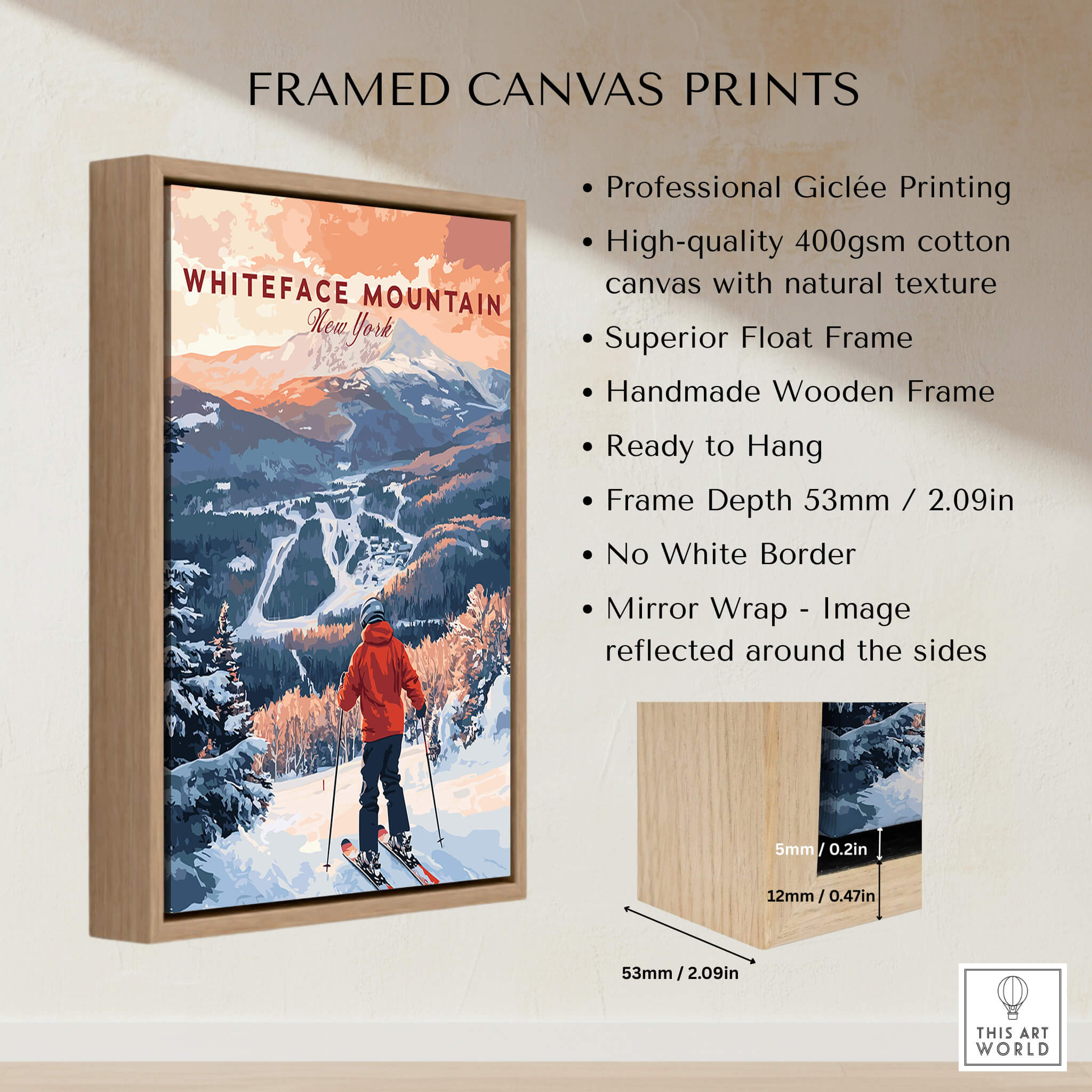 Ski Print Whiteface Mountain New York framed canvas art, showcasing skiing at Whiteface Mountain.