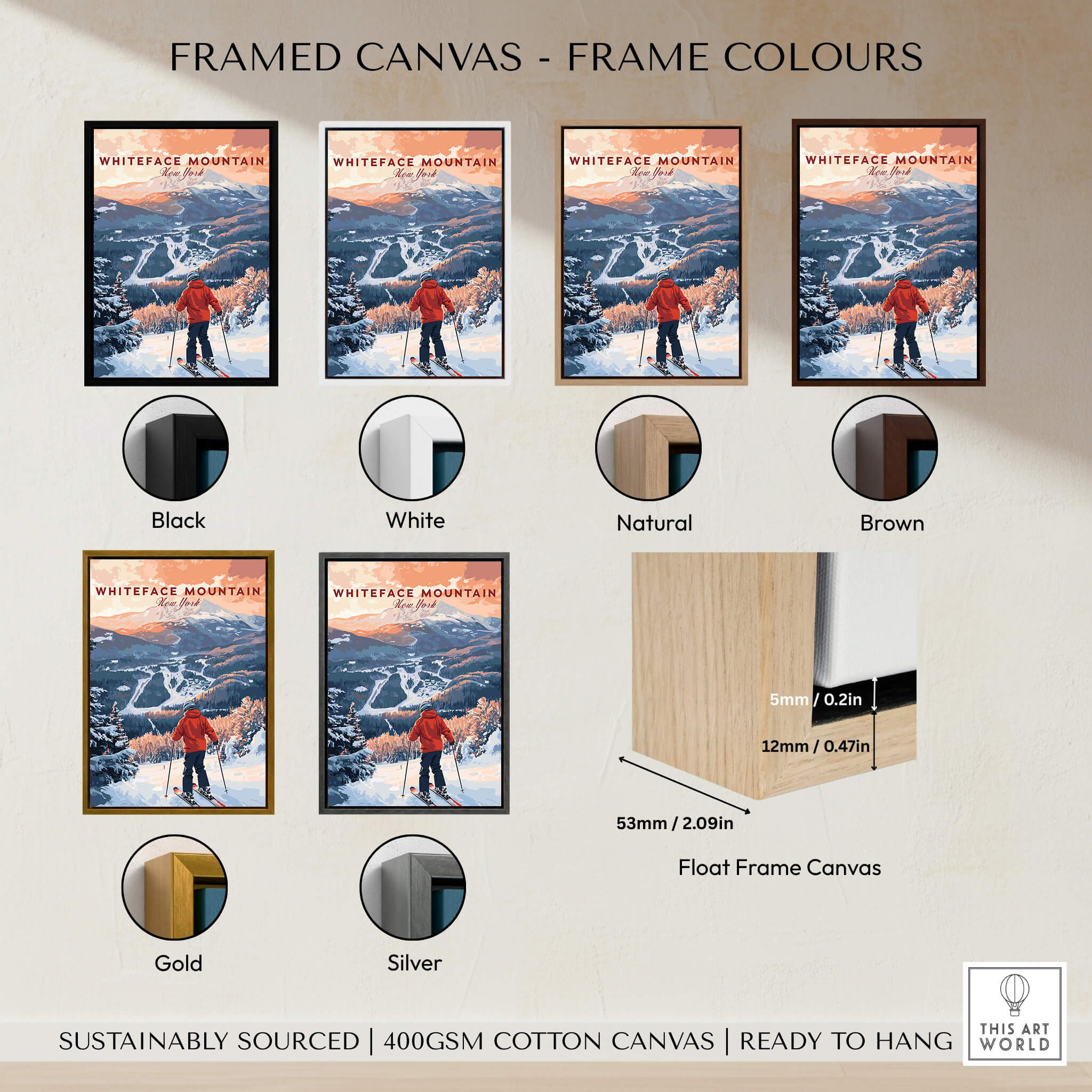 Framed canvas options for Ski Print Whiteface Mountain New York in various colors: Black, White, Natural, Brown, Gold, Silver.