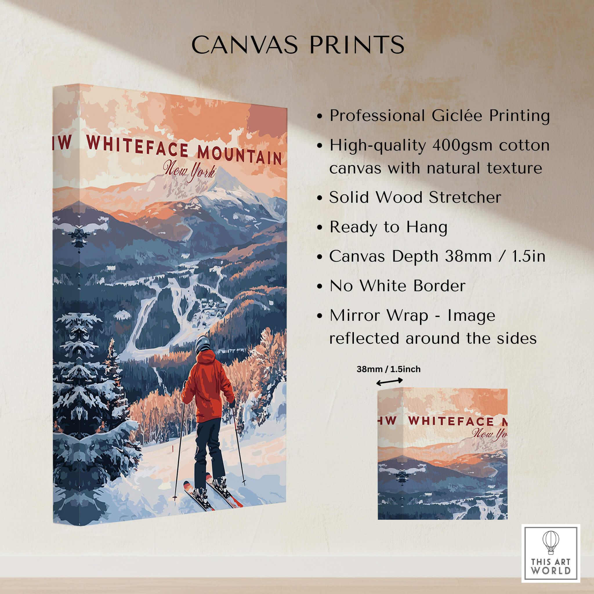 Ski Print Whiteface Mountain New York canvas print showcasing stunning winter landscape and skier.