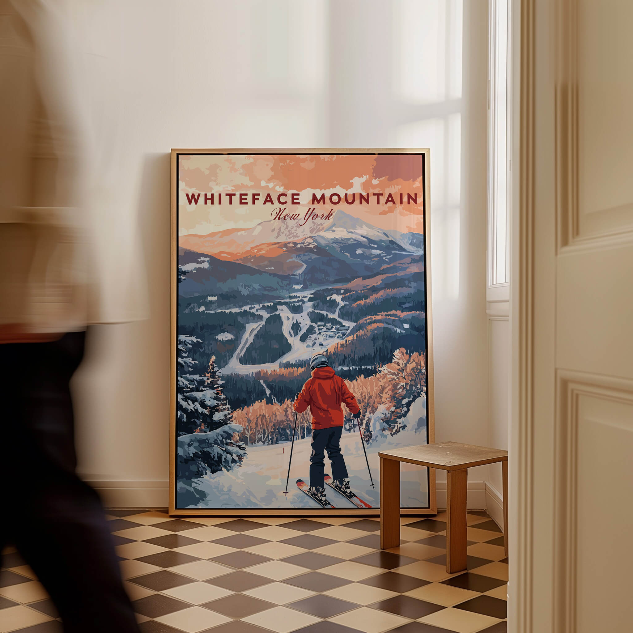 Ski Print Whiteface Mountain New York poster featuring stunning mountain views and a skier.