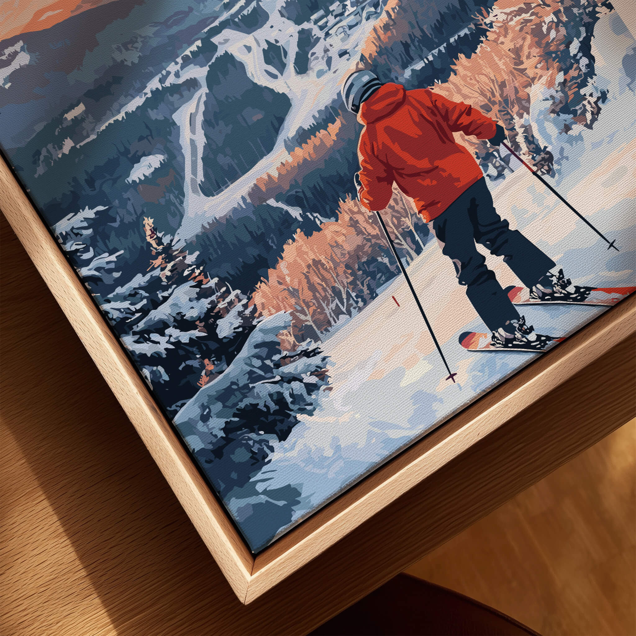 Ski Print Whiteface Mountain New York capturing skier in orange jacket on snowy slopes.