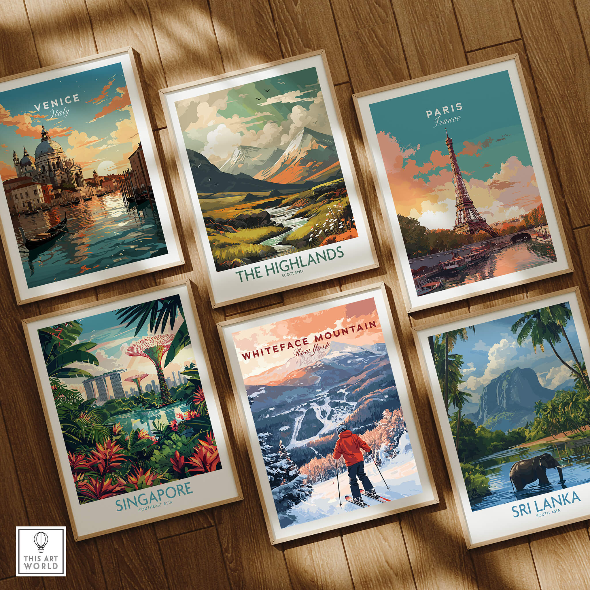 Ski Print Whiteface Mountain New York displayed among travel posters of Venice, Paris, Singapore, The Highlands, and Sri Lanka.