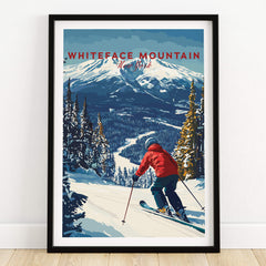 Whiteface Mountain Print | Ski Poster with Red Jacket Skier showcasing skiing action on snow-covered terrain.