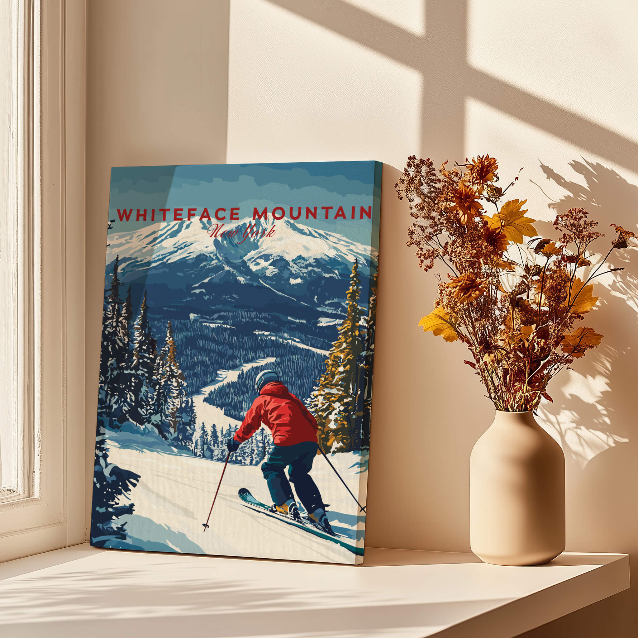 Whiteface Mountain Print | Ski Poster with Red Jacket Skier in a sunlit room, featuring a skier on snow-covered slopes.