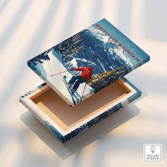 Whiteface Mountain Print | Ski Poster with Red Jacket Skier on a decorative box, showcasing a snow-covered ski scene.