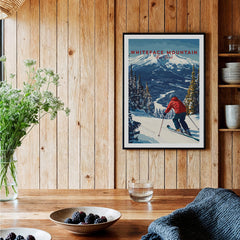 Whiteface Mountain Print | Ski Poster with Red Jacket Skier displayed in a wooden interior, showcasing a skier on snow-covered slopes.