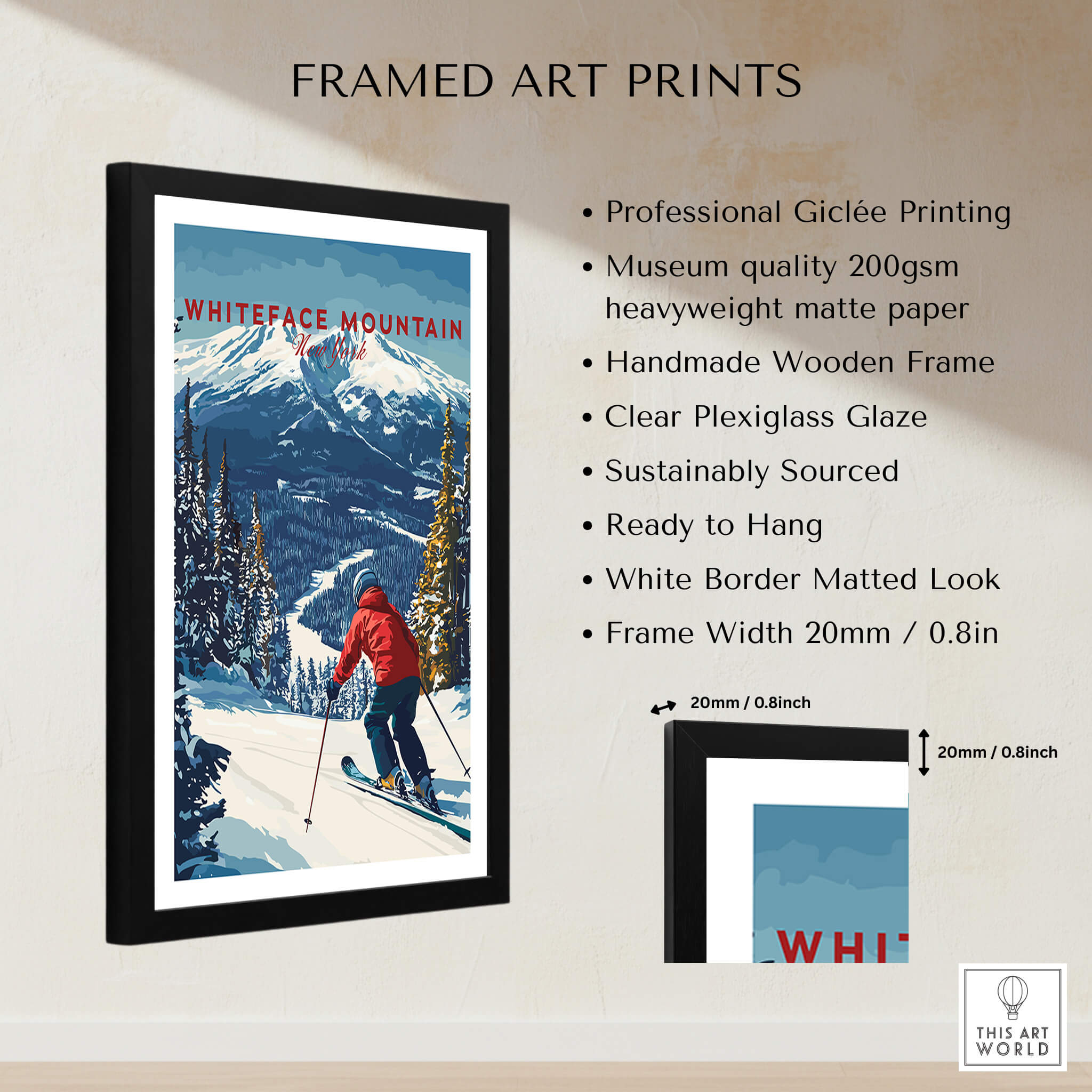 Whiteface Mountain Print | Ski Poster with Red Jacket Skier featured in a framed art print display.