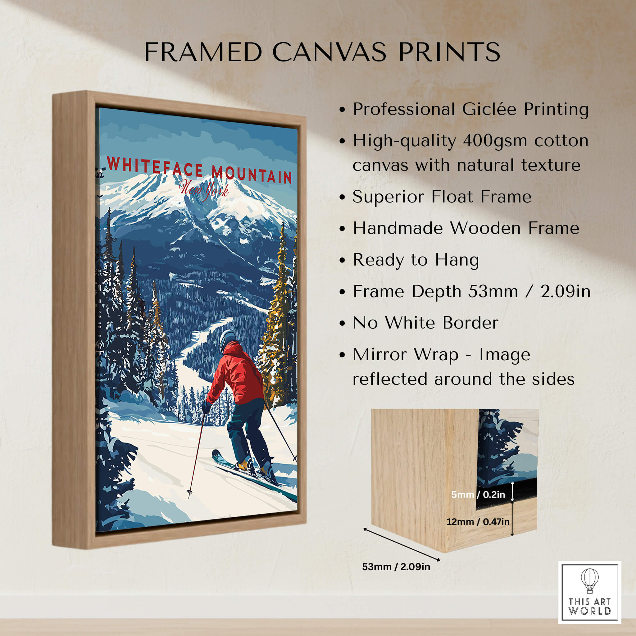Whiteface Mountain Print | Ski Poster with Red Jacket Skier displayed in a framed canvas print.