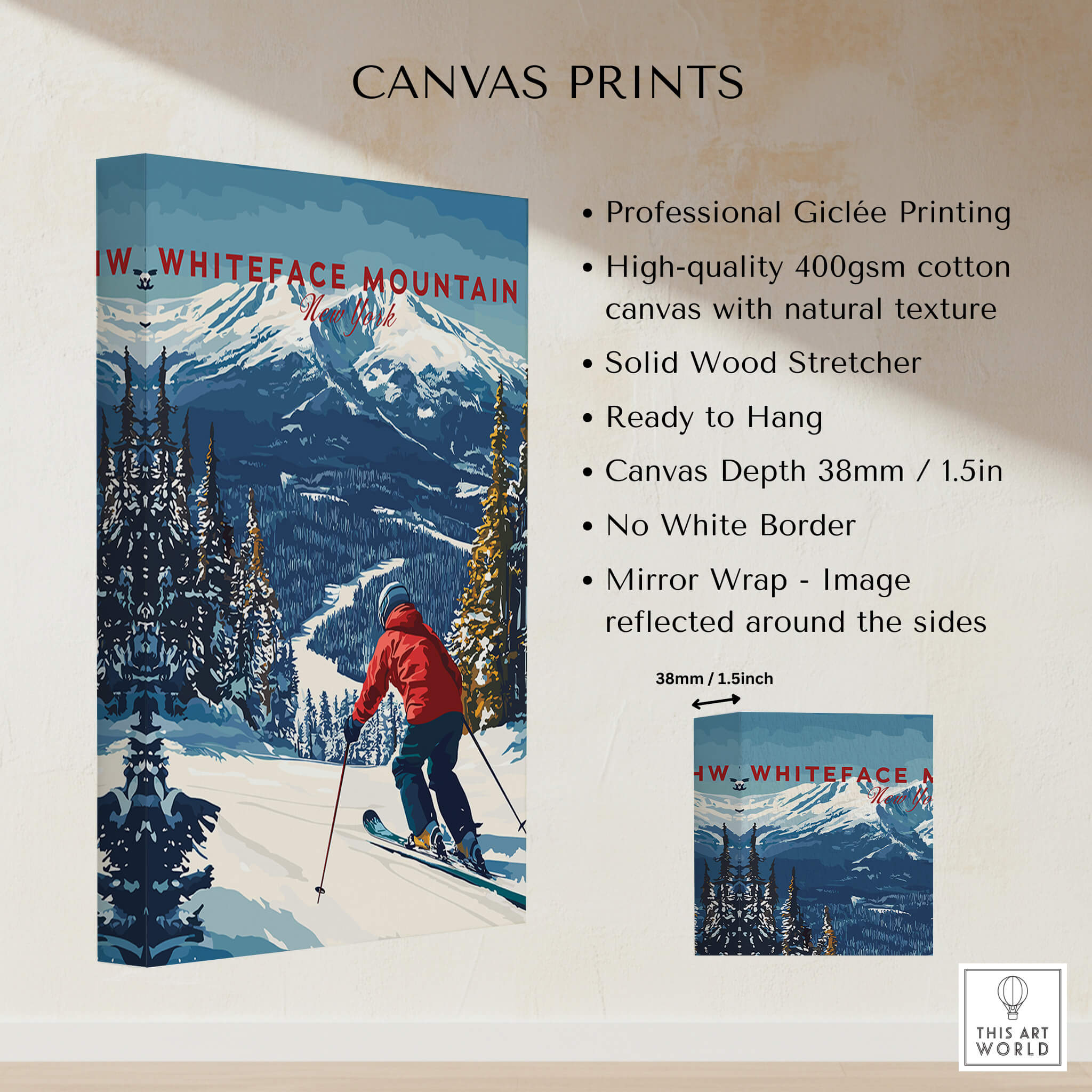 Whiteface Mountain Print | Ski Poster with Red Jacket Skier displayed on a canvas print with professional Giclée printing.