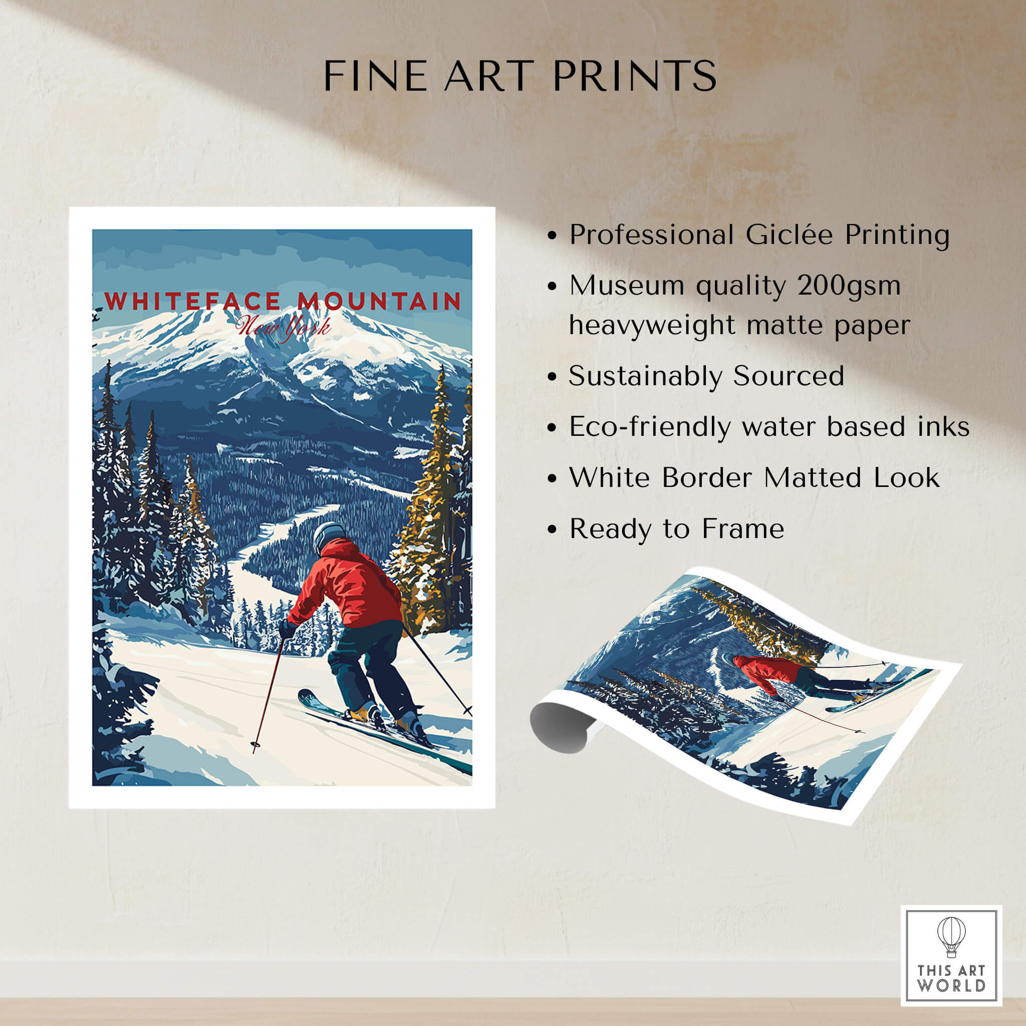 Whiteface Mountain Print | Ski Poster with Red Jacket Skier displayed with product details including Giclée printing and eco-friendly inks.