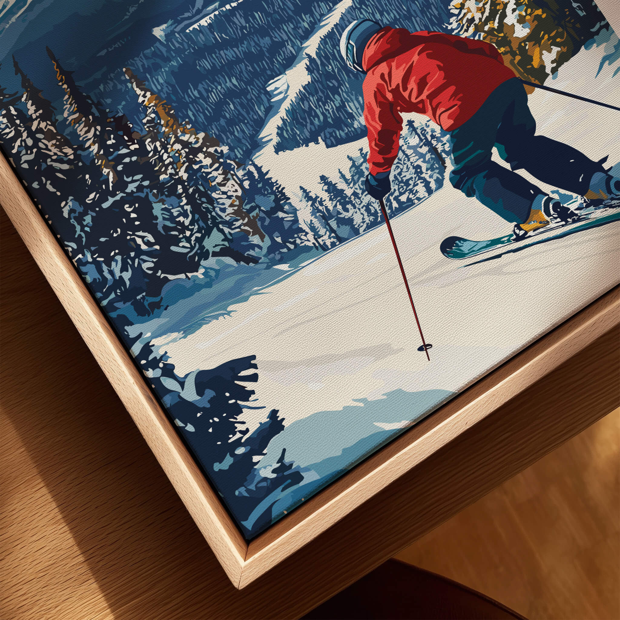 Whiteface Mountain Print | Ski Poster with Red Jacket Skier highlighting skiing action and snow-covered terrain.